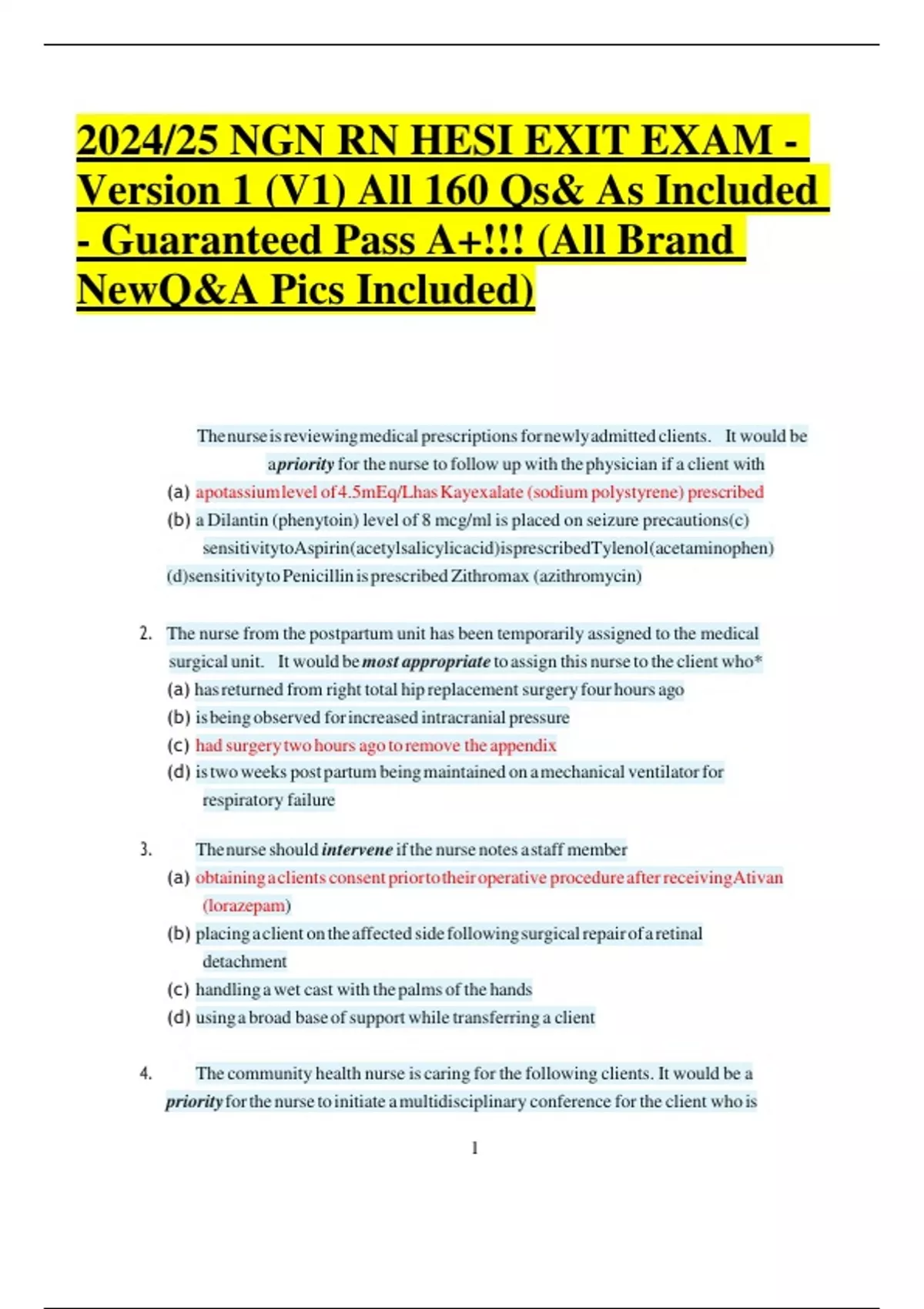 2024 25 Ngn Rn Hesi Exit Exam Version 1 V1 All 160 Qs As Included