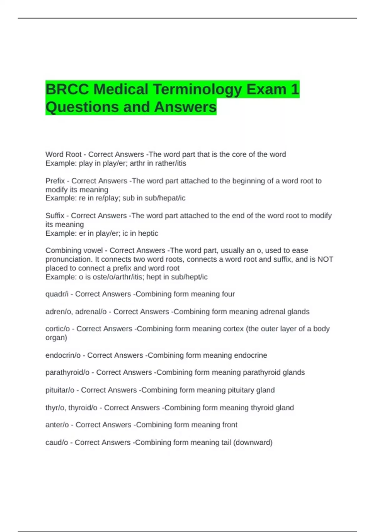 BRCC Medical Terminology Exam 1 Questions and Answers - BRCC - Stuvia UK