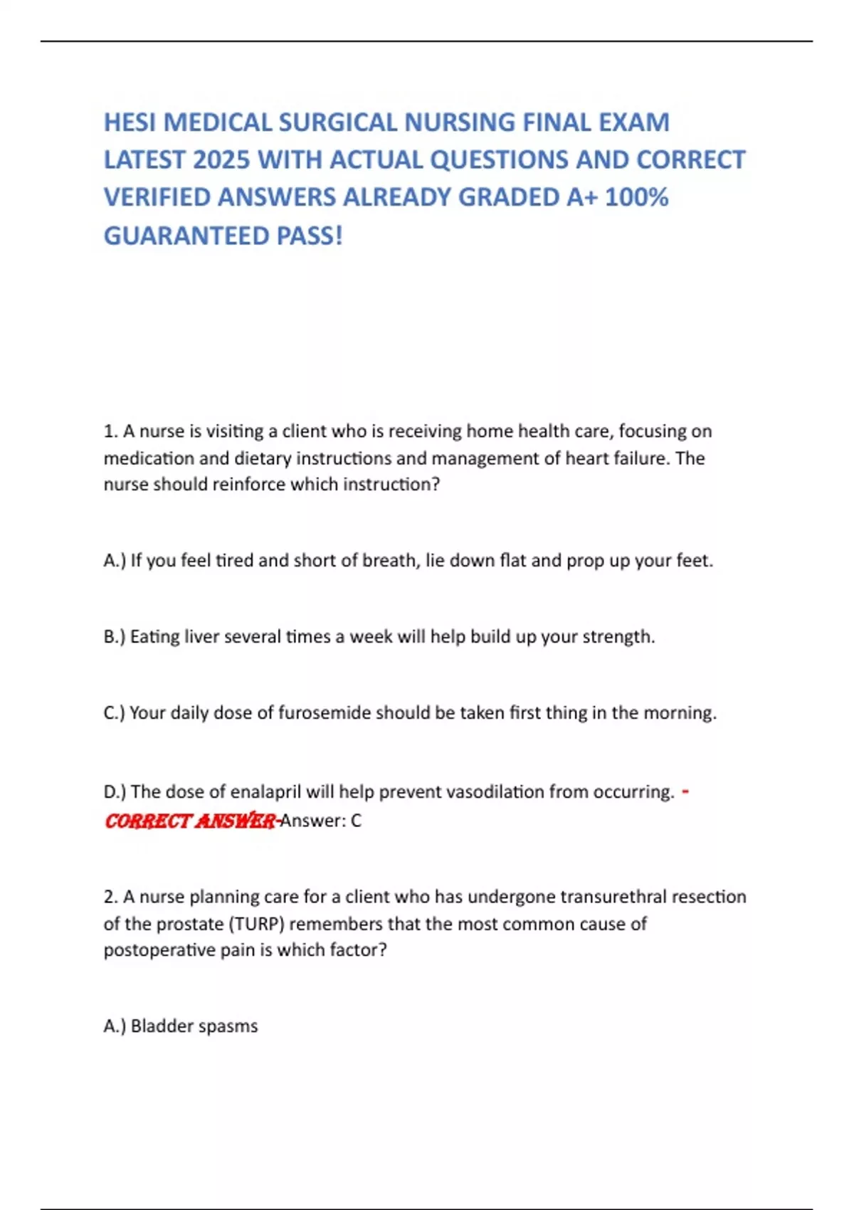 HESI MEDICAL SURGICAL NURSING FINAL EXAM LATEST 2025 WITH ACTUAL ...