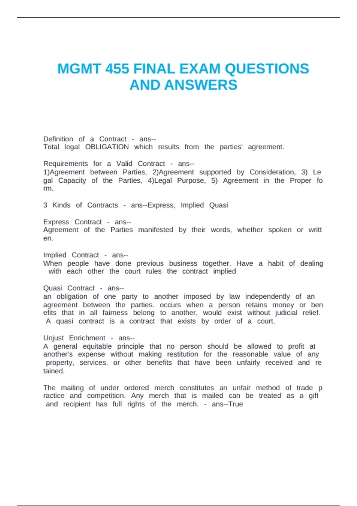 MGMT 455 FINAL EXAM QUESTIONS AND ANSWERS - MGMT 455 Fnal Exm - Stuvia US