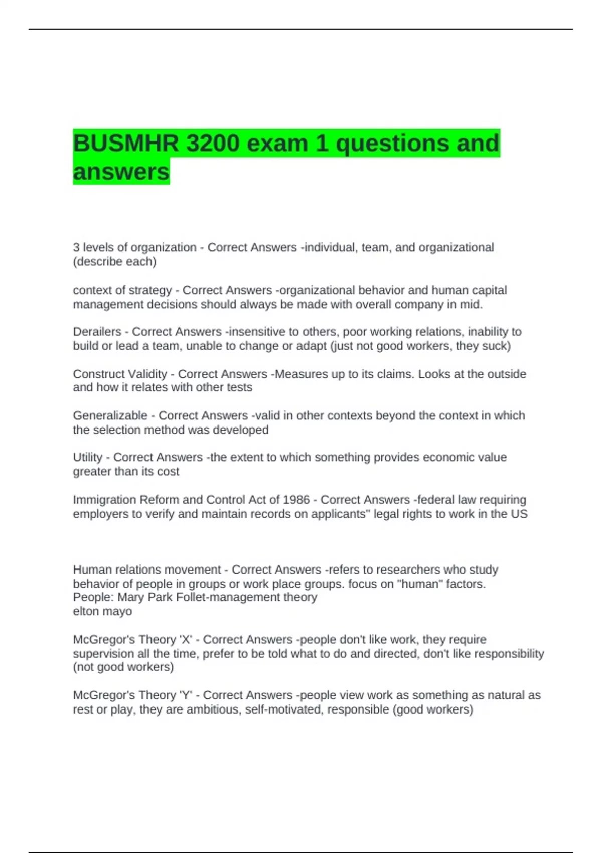 BUSMHR 3200 exam 1 questions and answers (graded a) - BUSMHR 3200 ...