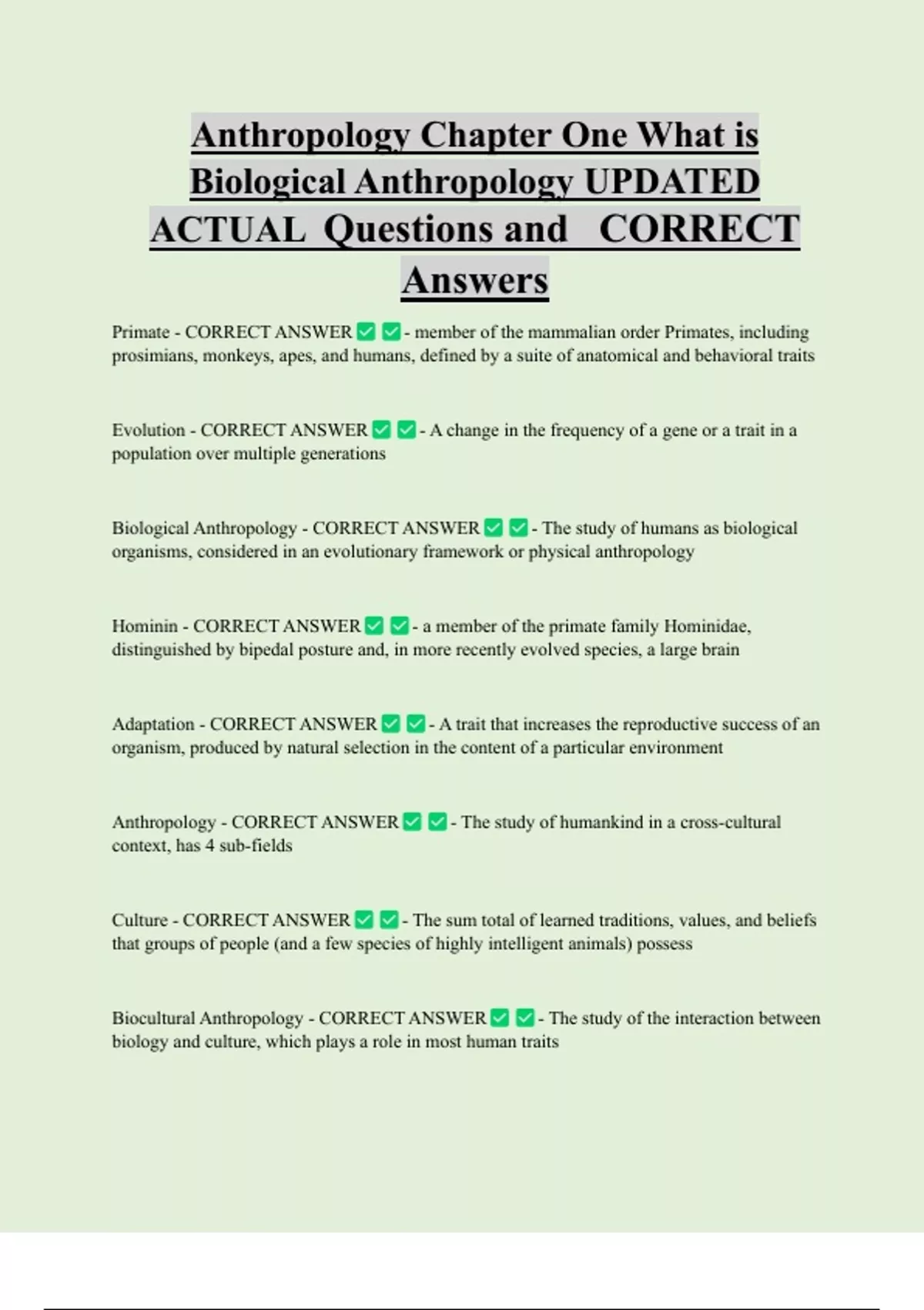 Anthropology Chapter One What is Biological Anthropology UPDATED ACTUAL ...