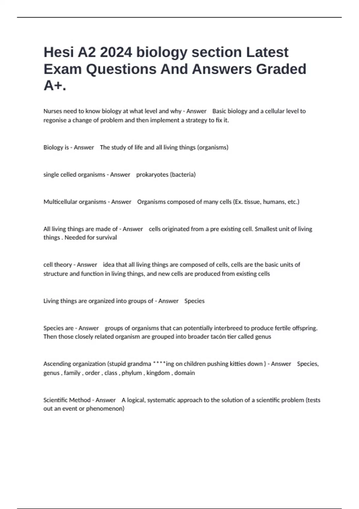 Hesi A2 2024 biology section Latest Exam Questions And Answers Graded ...