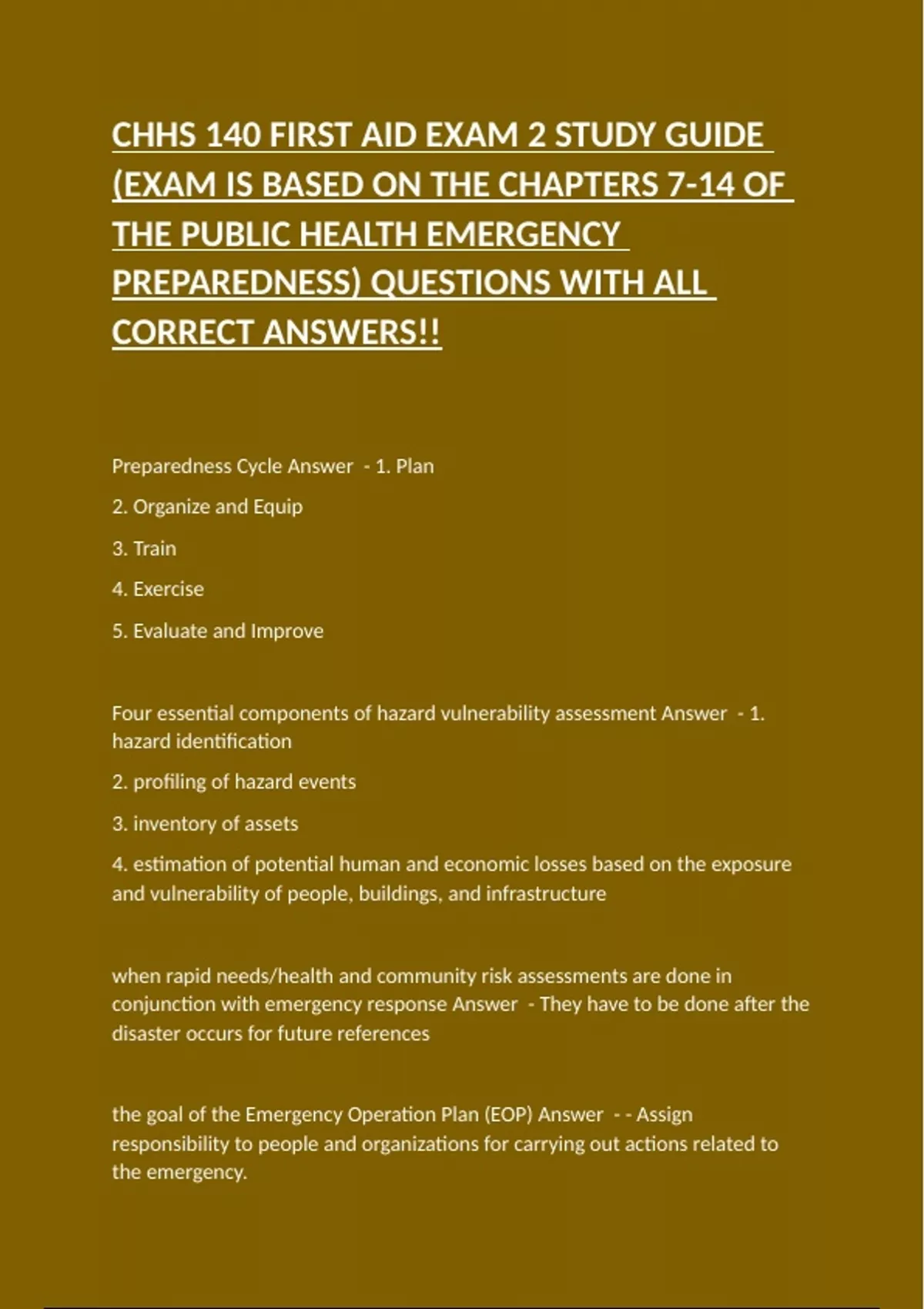 CHHS 140 FIRST AID EXAM 2 STUDY GUIDE (EXAM IS BASED ON THE CHAPTERS 7