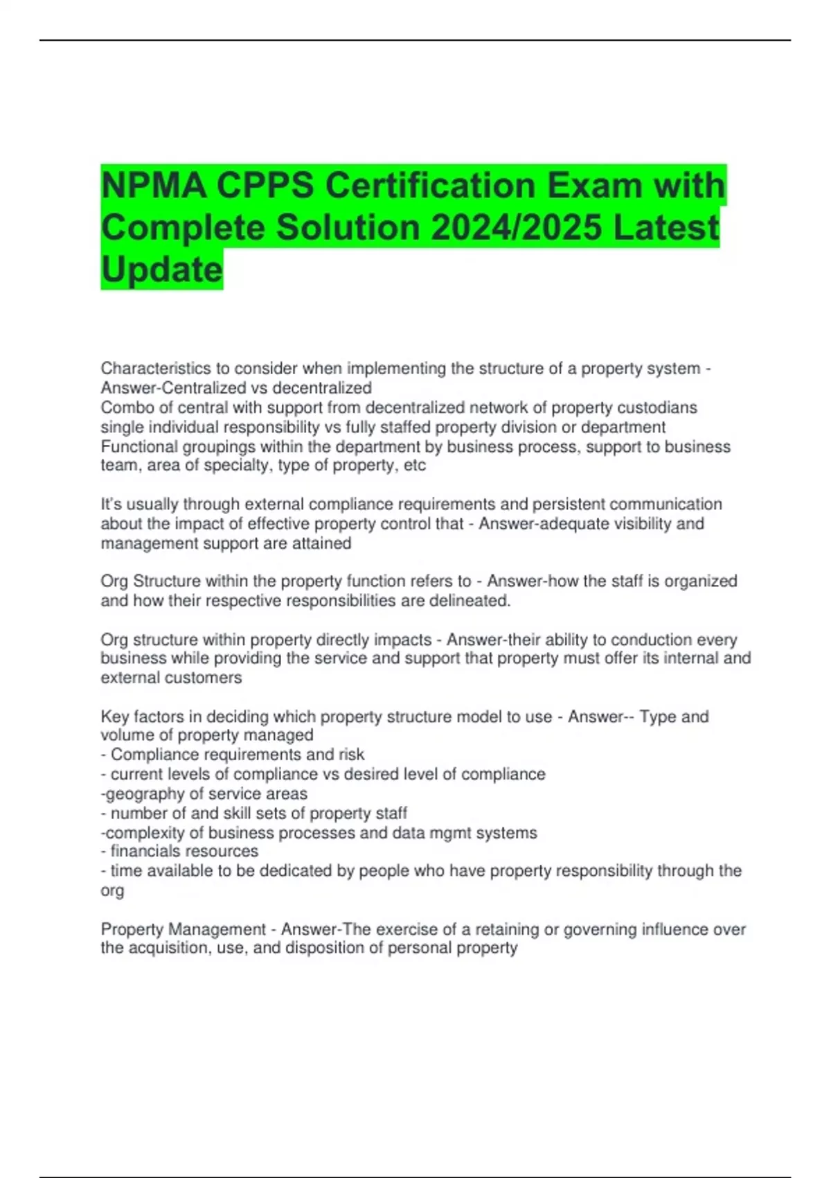NPMA CPPS Certification Exam with Complete Solution 2024/2025 Latest ...