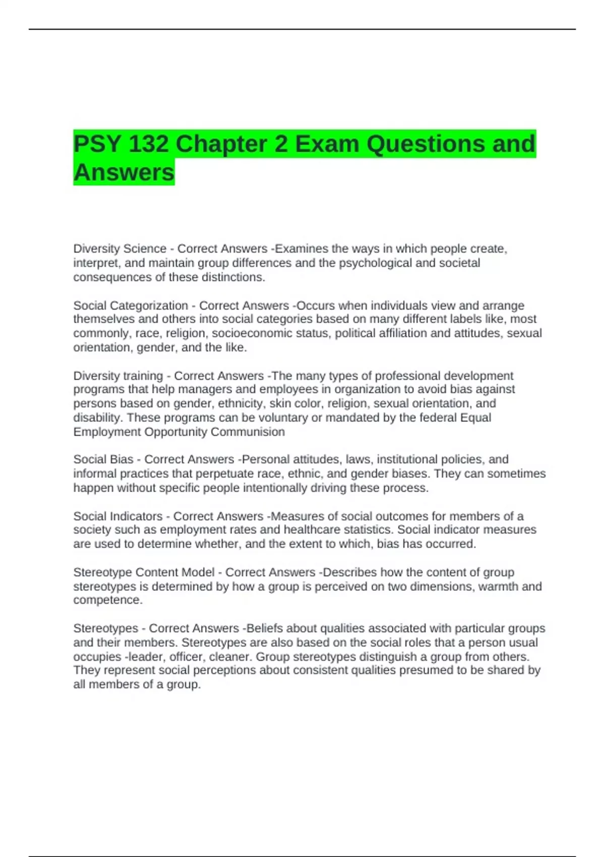 PSY 132 Chapter 2 Exam Questions and Answers 2025 - PSYC 132 - Stuvia US