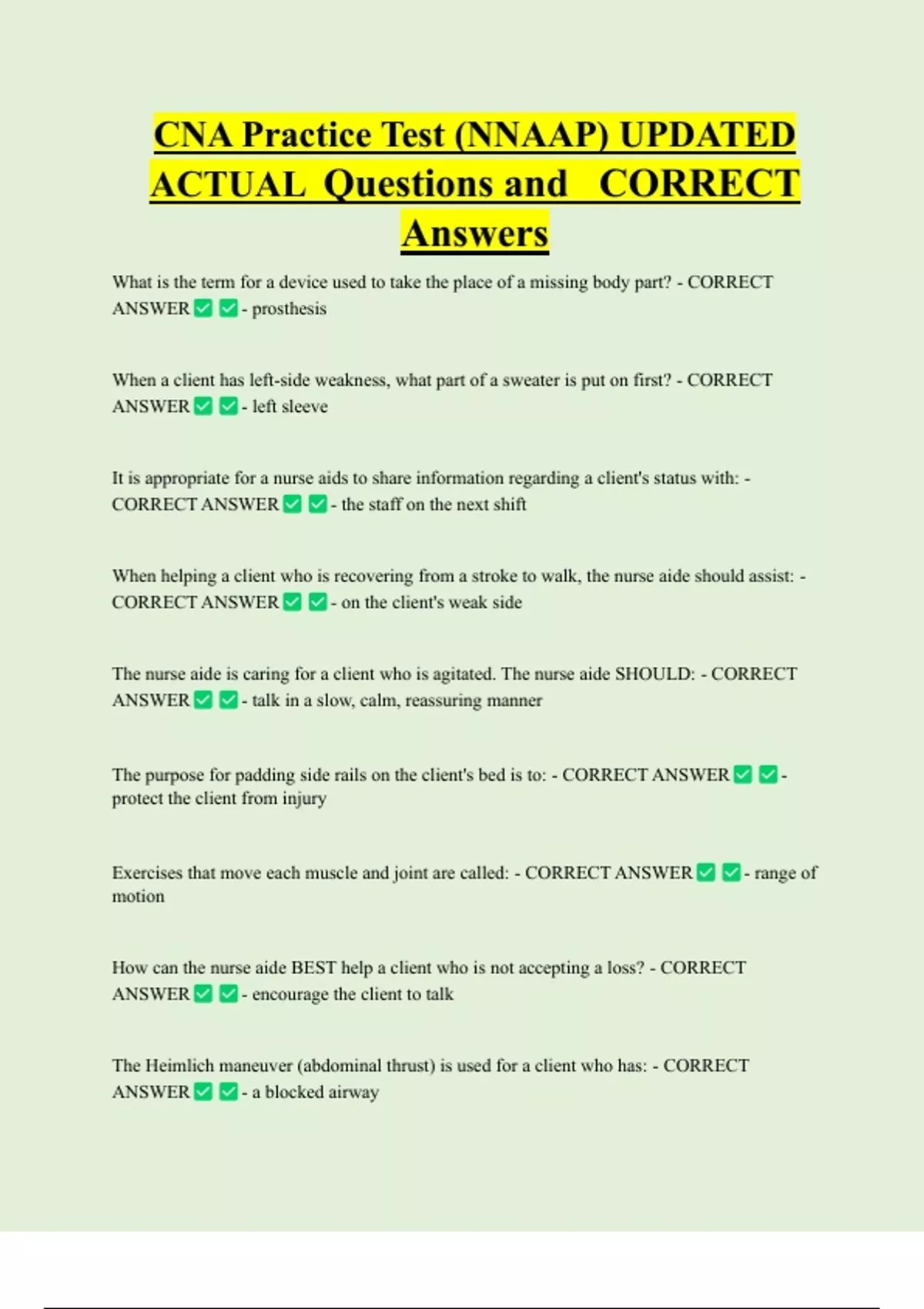 CNA Practice Test (NNAAP) UPDATED ACTUAL Questions and CORRECT Answers ...