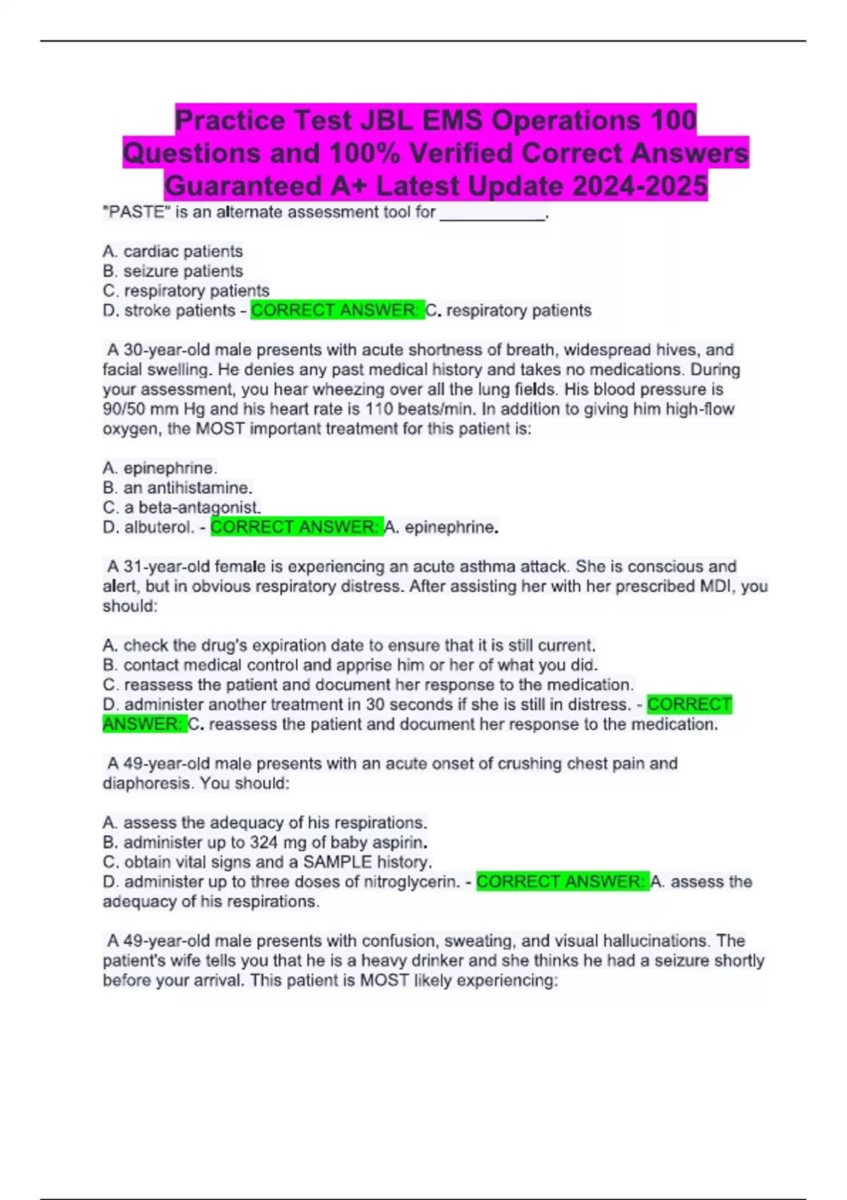 Practice Test JBL EMS Operations 100 Questions and 100% Verified ...