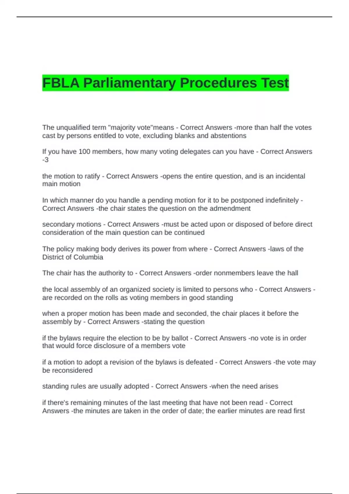 FBLA Parliamentary Procedures Test-solved - FBLA - Stuvia US