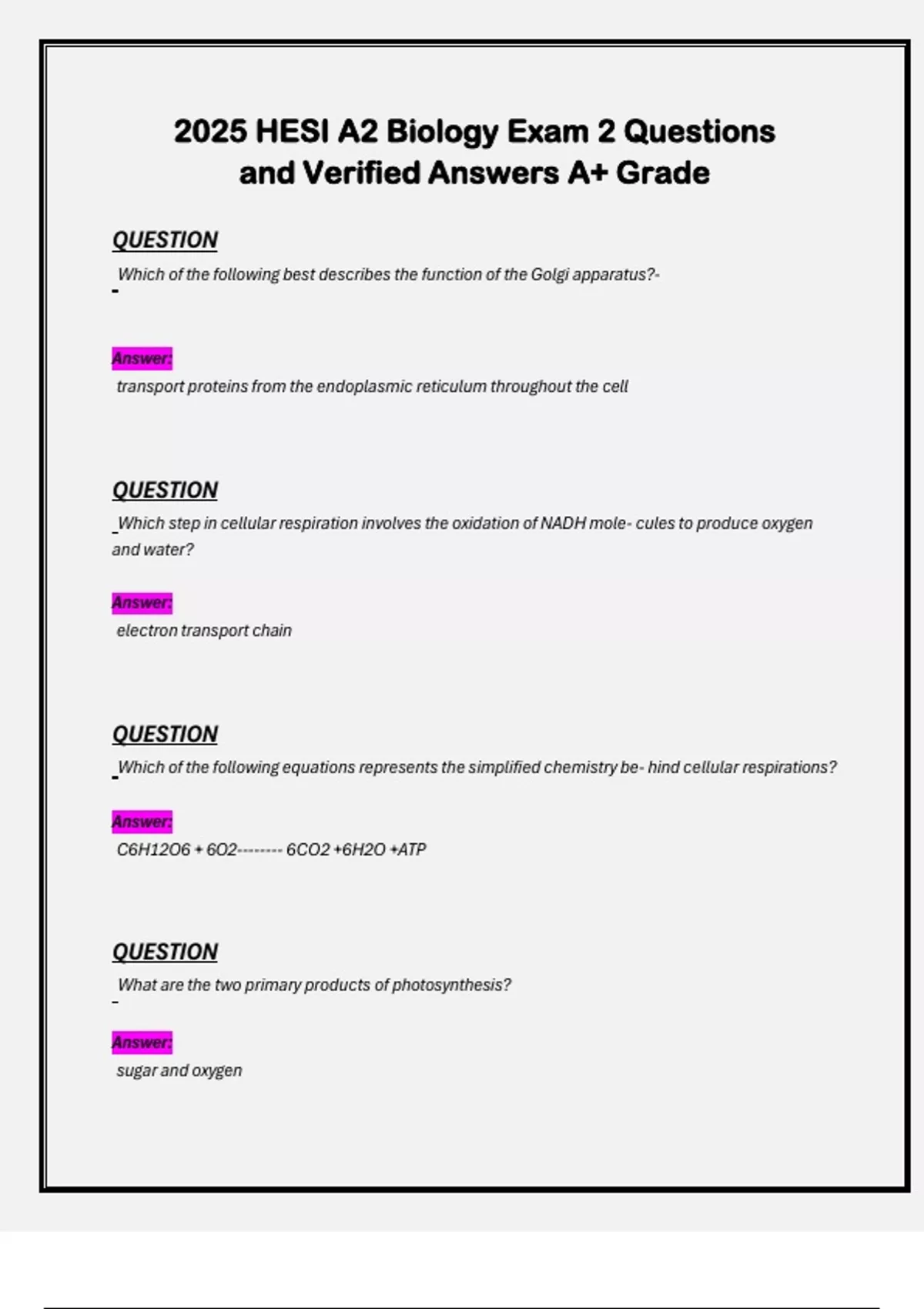 2025 HESI A2 Biology Exam 2 Questions and Verified Answers A+ Grade ...