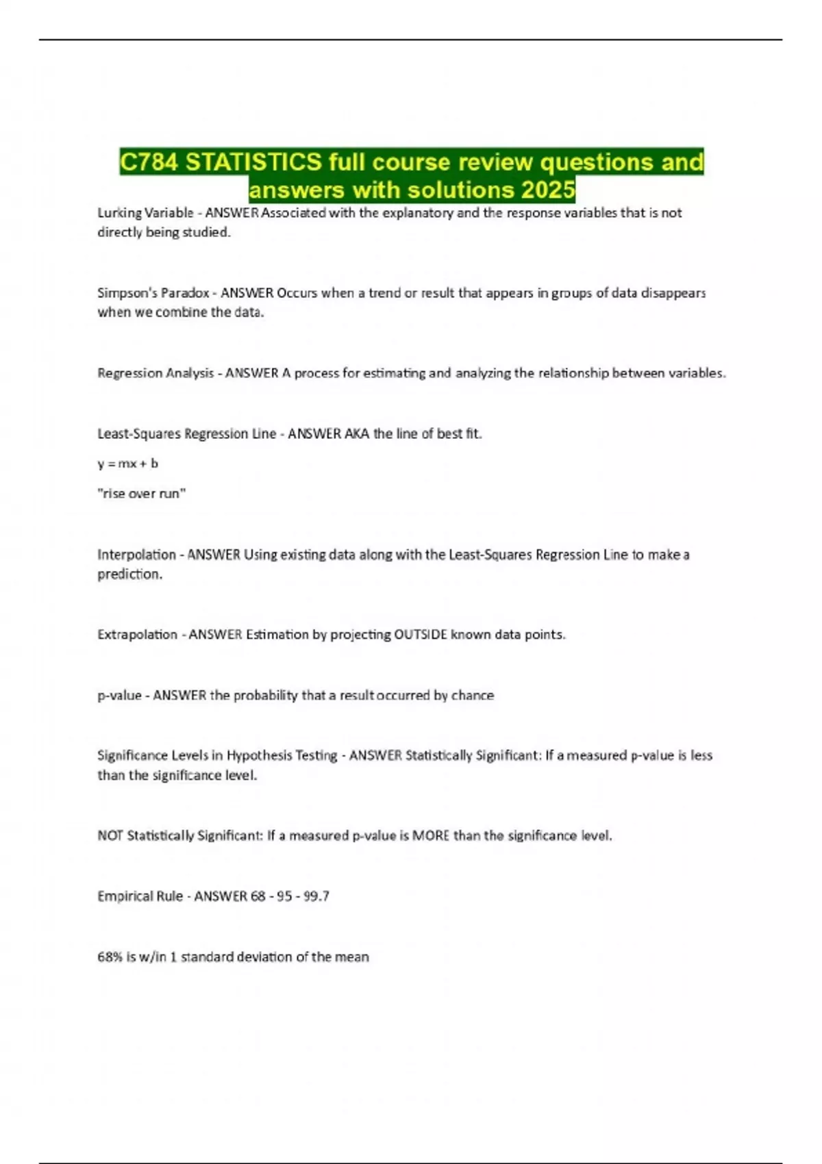 C784 STATISTICS full course review questions and answers with solutions ...