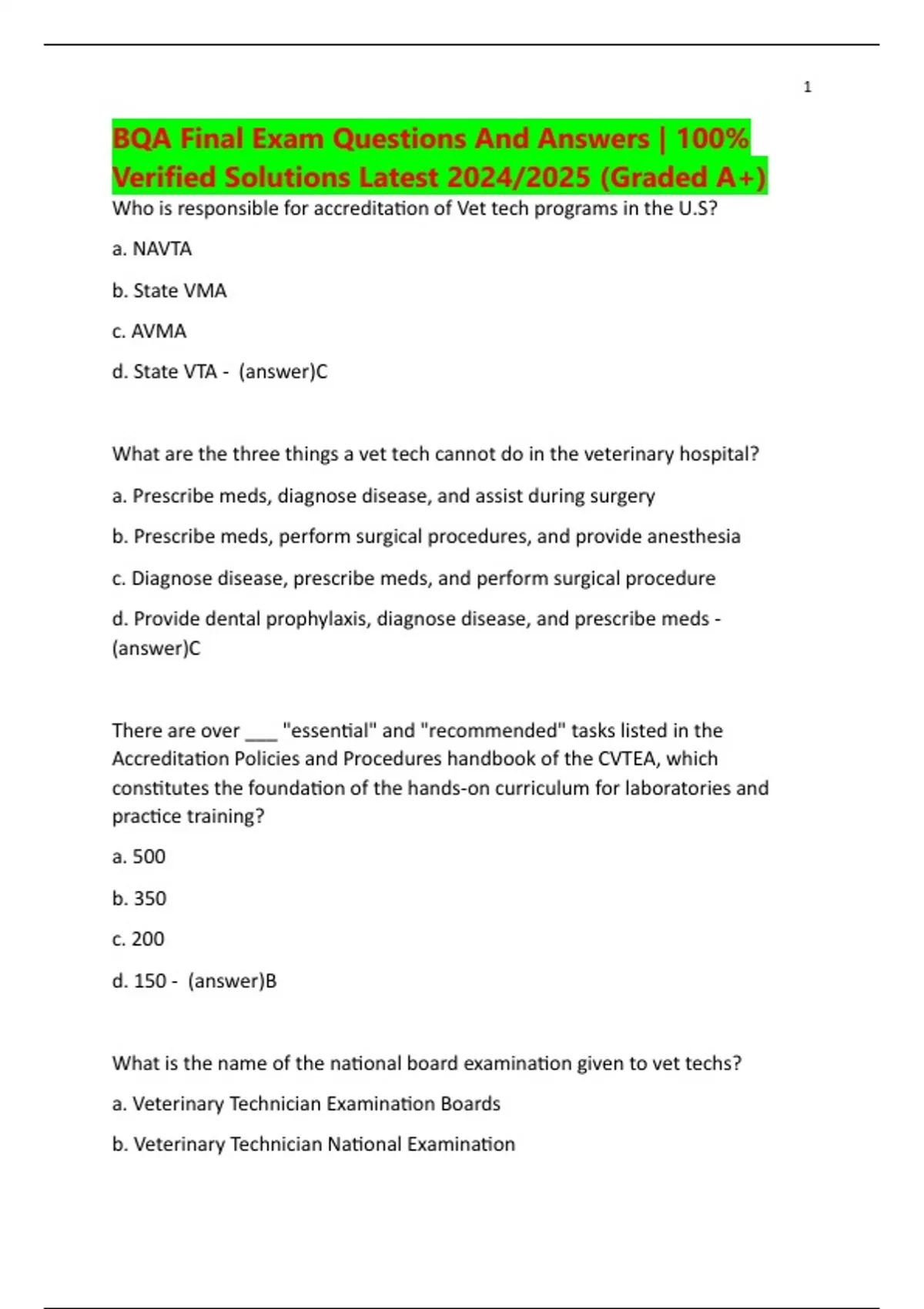 Bavq R Questions BQA Final Exam Questions And Answers | 100% Verified Solutions Latest ...