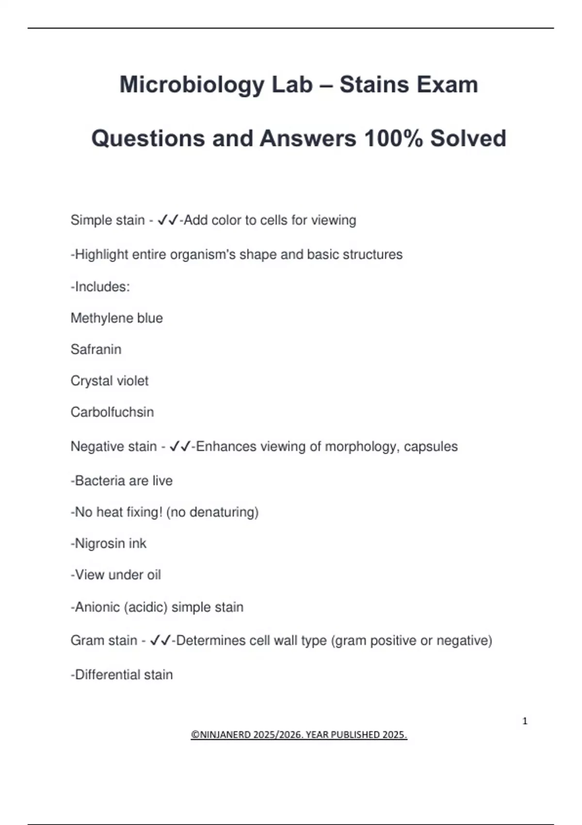 Microbiology Lab – Stains Exam Questions and Answers 100% Solved ...