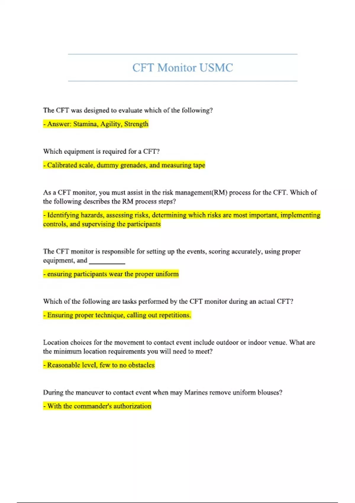 CFT Monitor USMC questions and answers CFT MONITOR CERTIFICATION CFT Monitor USMC questions and answers CFT MONITOR CERTIFICATION