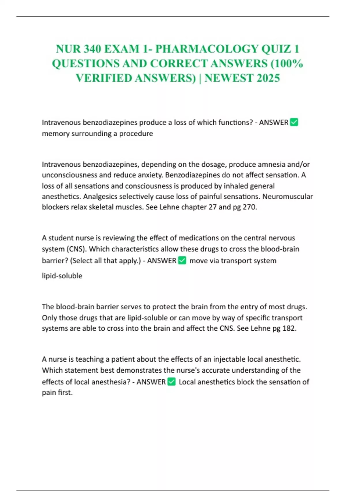 NUR 340 EXAM 1- PHARMACOLOGY QUIZ 1 QUESTIONS AND CORRECT ANSWERS (100% ...