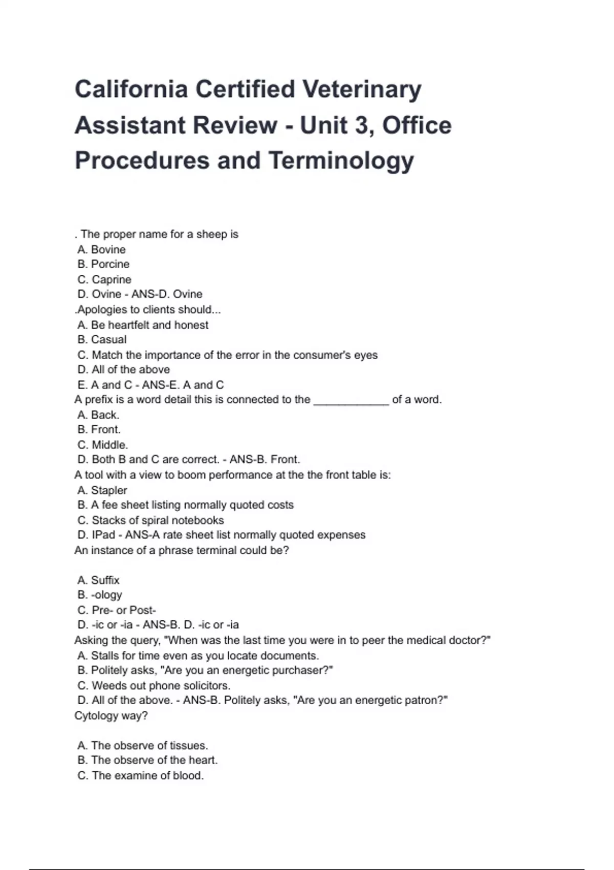 California Certified Veterinary Assistant Review Unit 3 Office