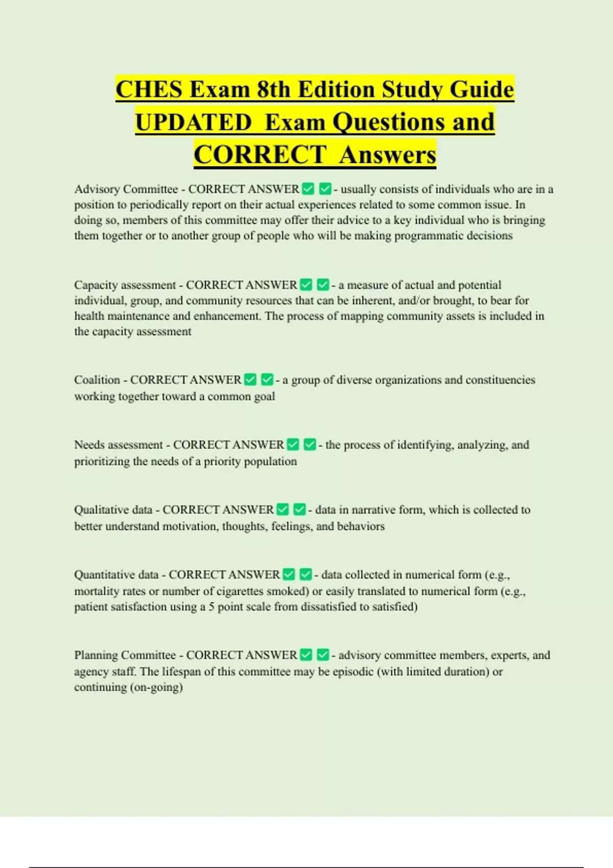 CHES Exam 8th Edition Study Guide UPDATED Exam Questions and CORRECT ...