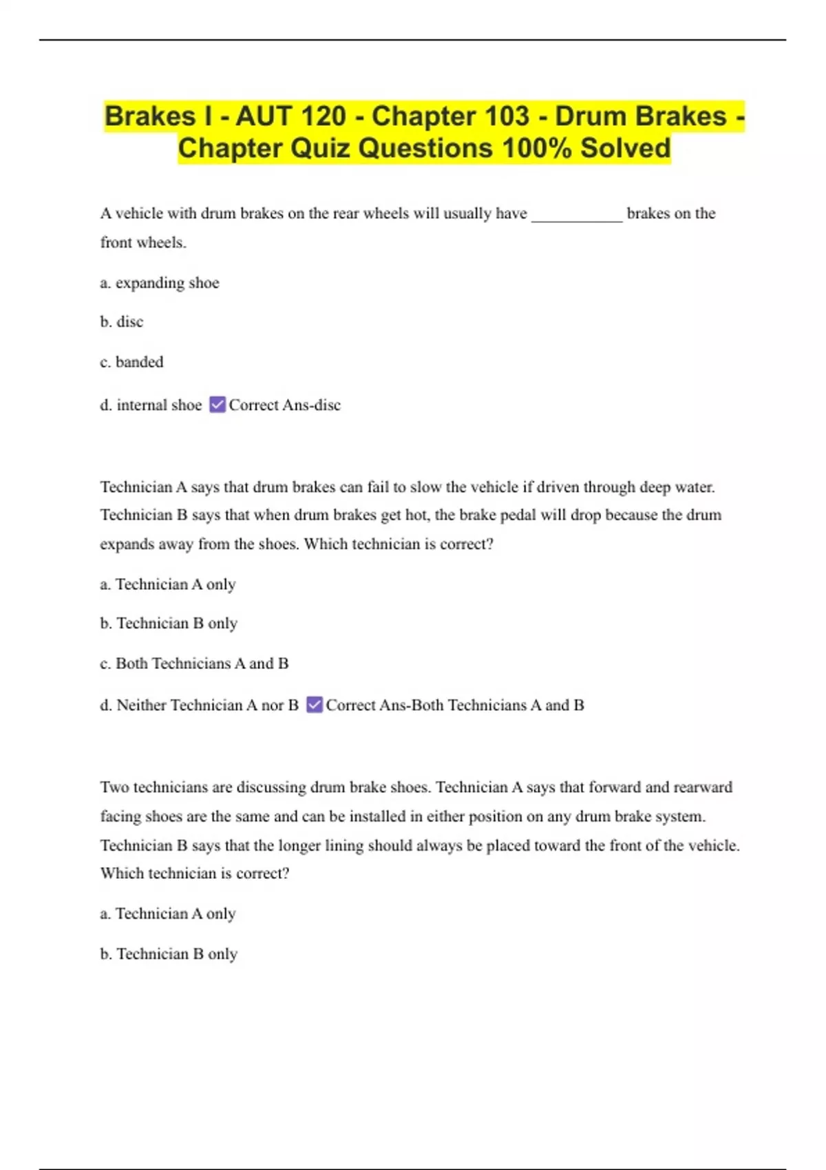 Brakes I - AUT 120 - Chapter 103 - Drum Brakes - Chapter Quiz Questions ...