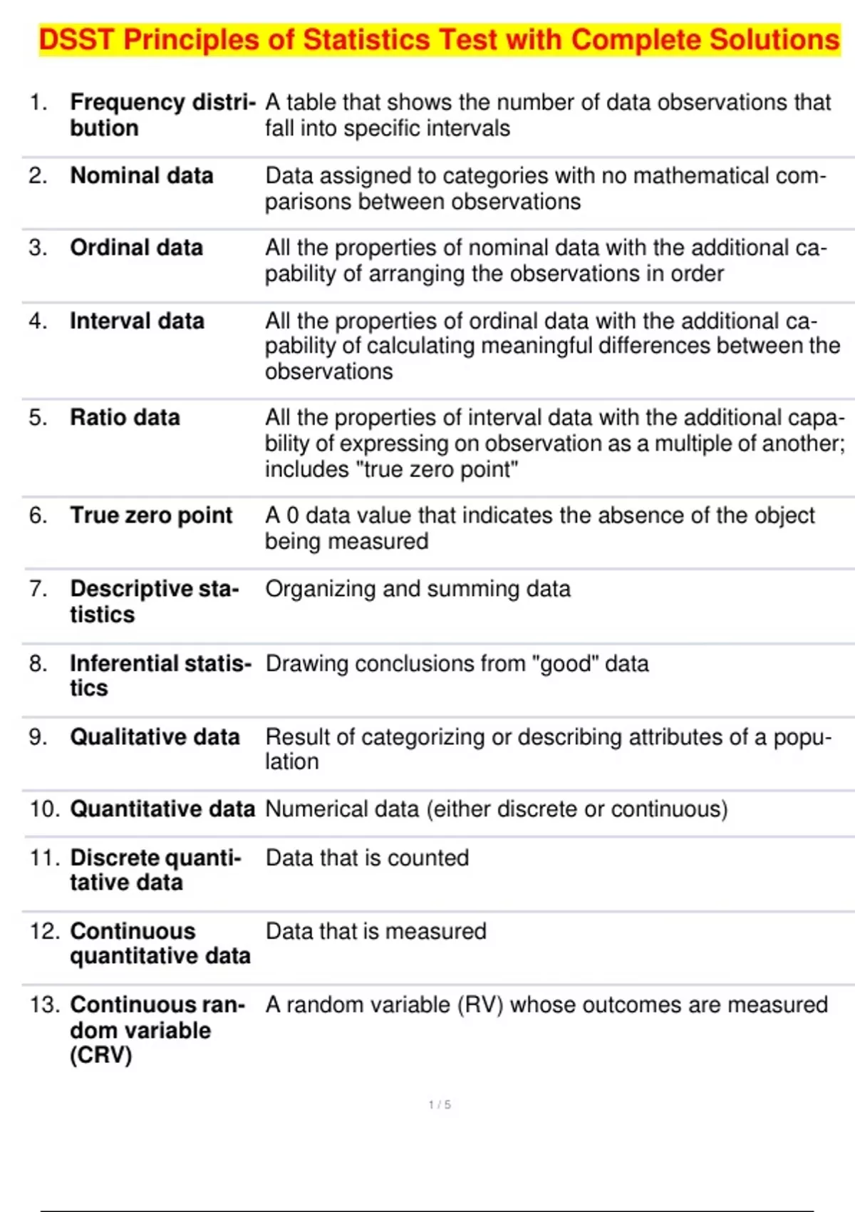 DSST Principles of Statistics Test with Complete Solutions - DSST ...
