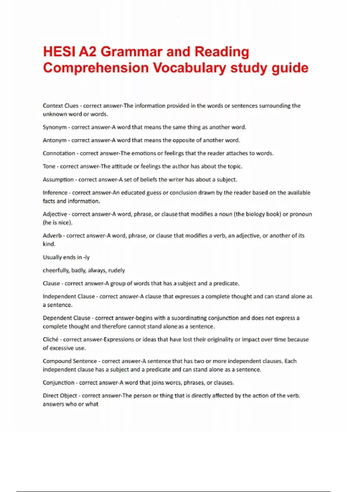 HESI A2 Grammar and Reading Comprehension Vocabulary study guide - Hesi ...