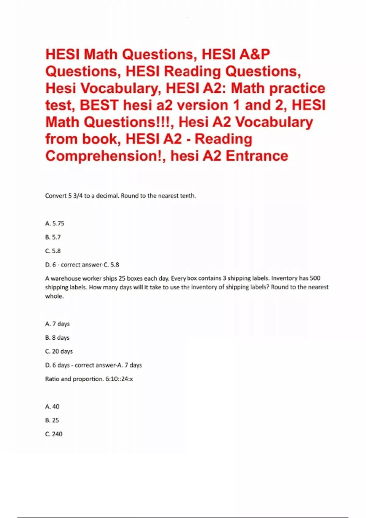 HESI Math Questions, HESI A&amp;P Questions, HESI Reading Questions, Hesi ...