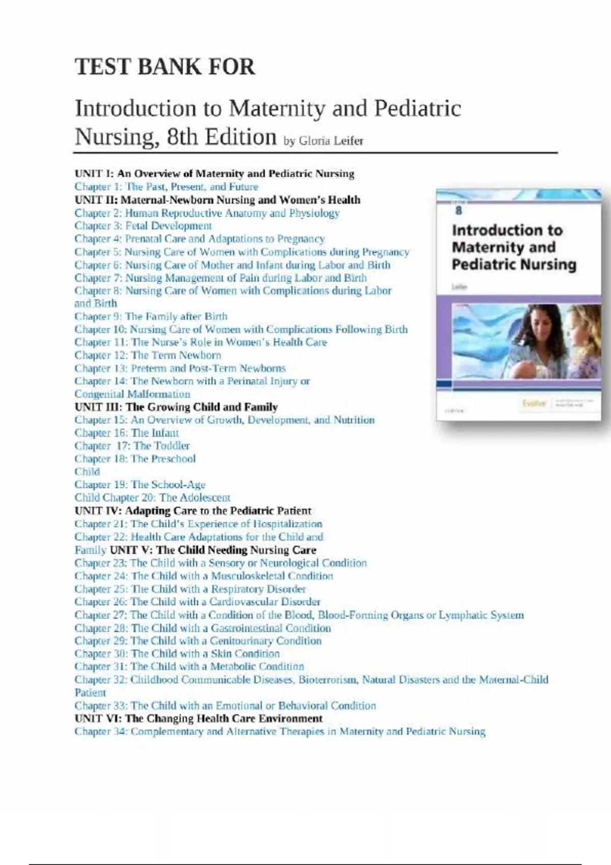 TEST BANK FOR Introduction to Maternity and Pediatric Nursing, 8th