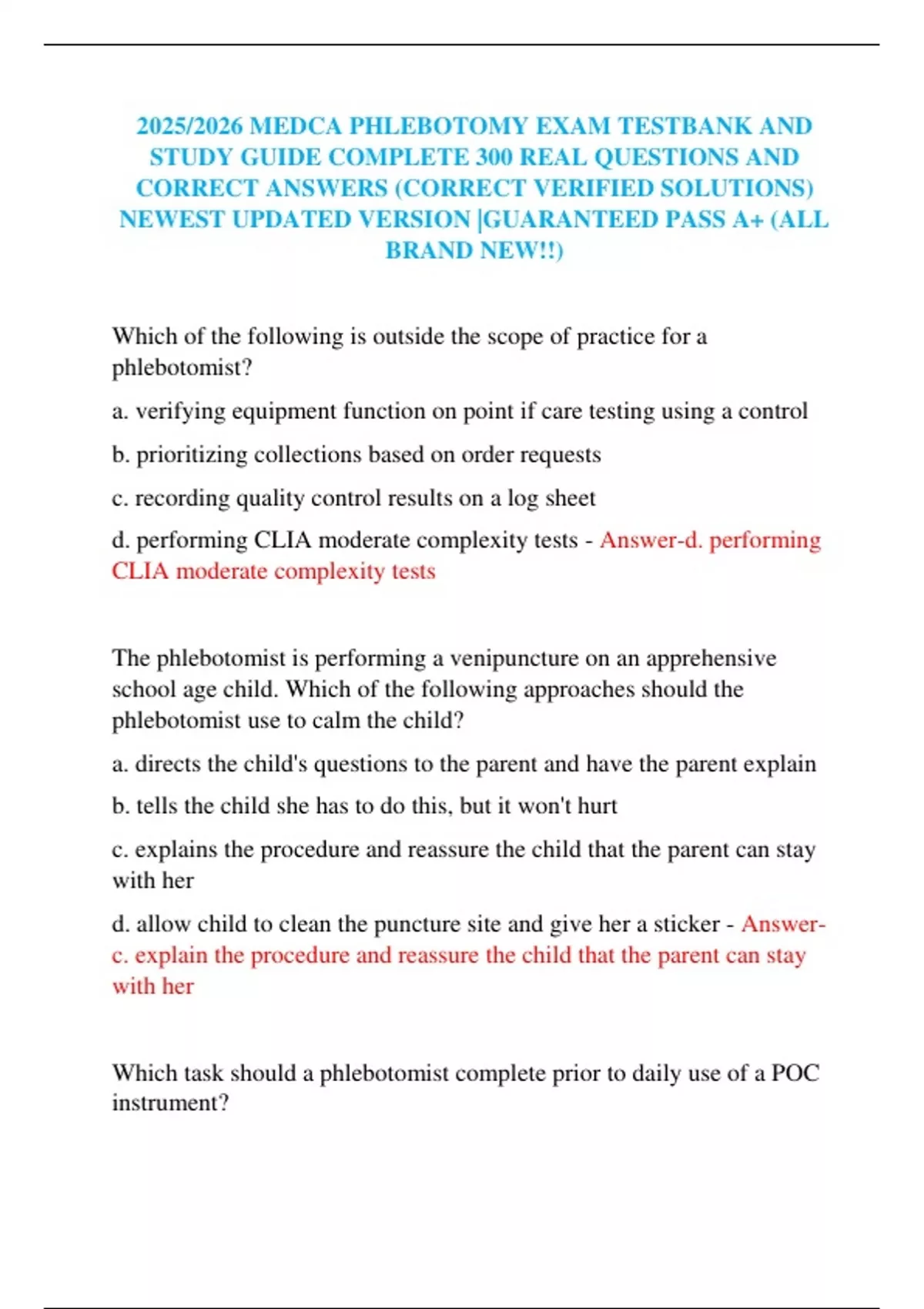 2025/2026 MEDCA PHLEBOTOMY EXAM TESTBANK AND STUDY GUIDE COMPLETE 300 REAL QUESTIONS AND CORRECT ...