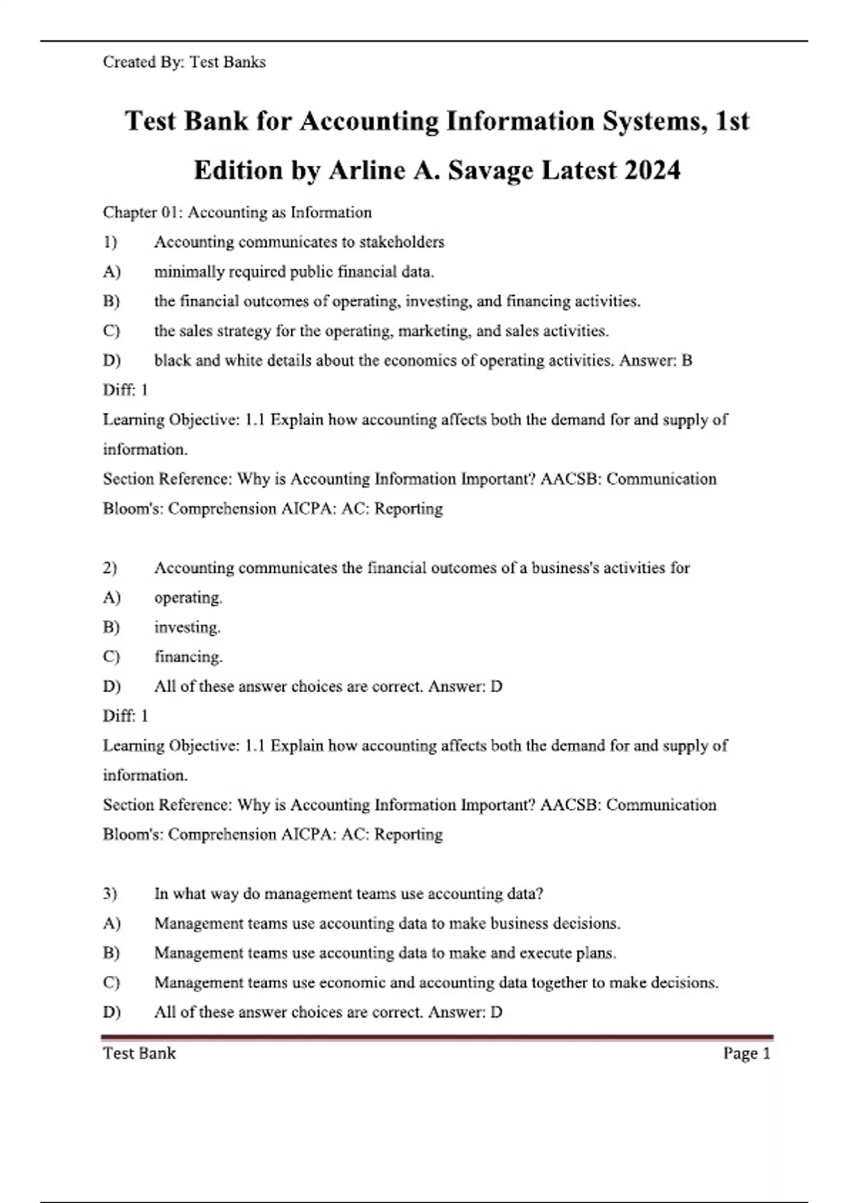 Test Bank for Accounting Information Systems, 1st Edition by Arline A ...