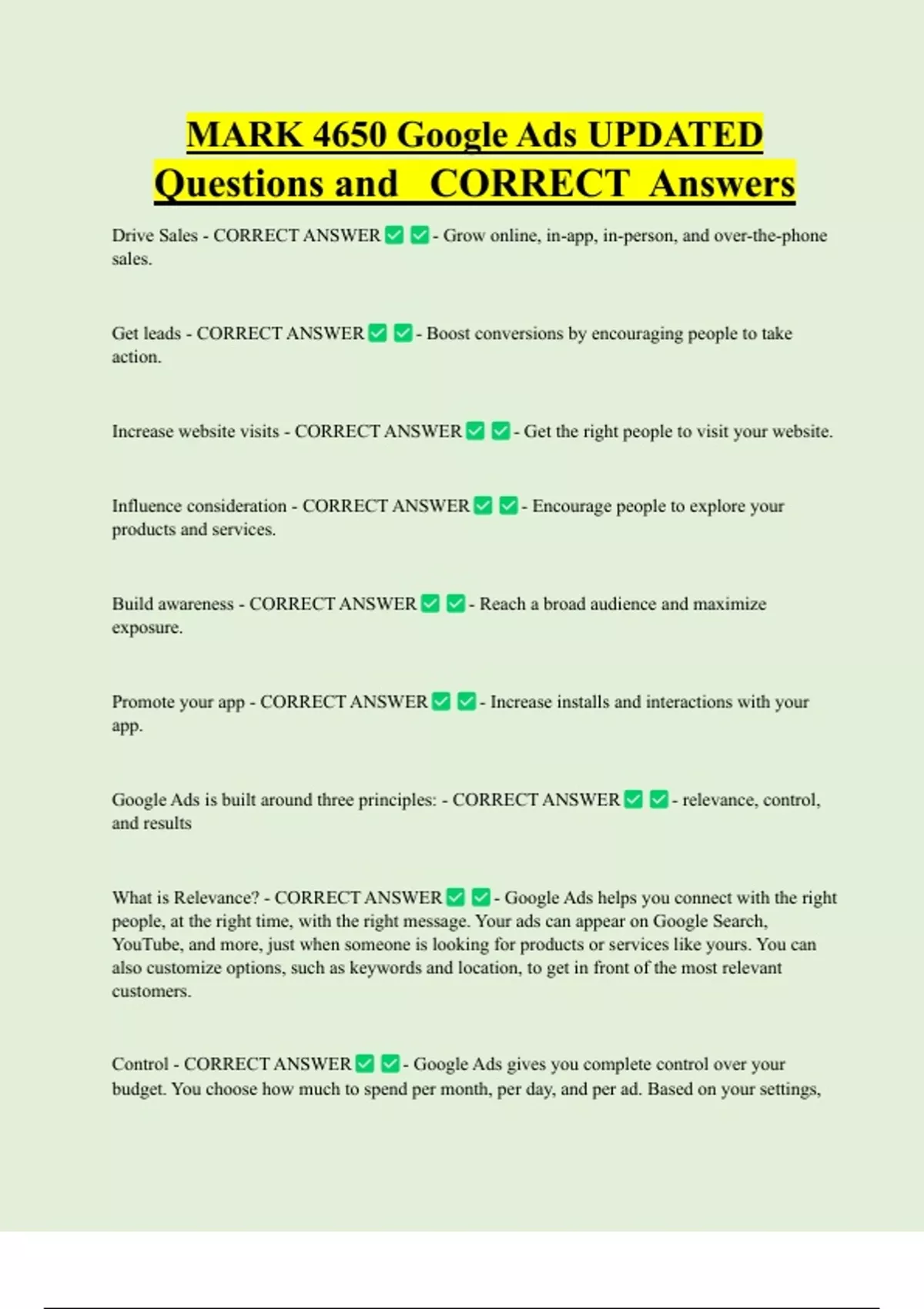 MARK 4650 Google Ads UPDATED Questions and CORRECT Answers Google Ads MARK 4650 Google Ads UPDATED Questions and CORRECT Answers Google Ads