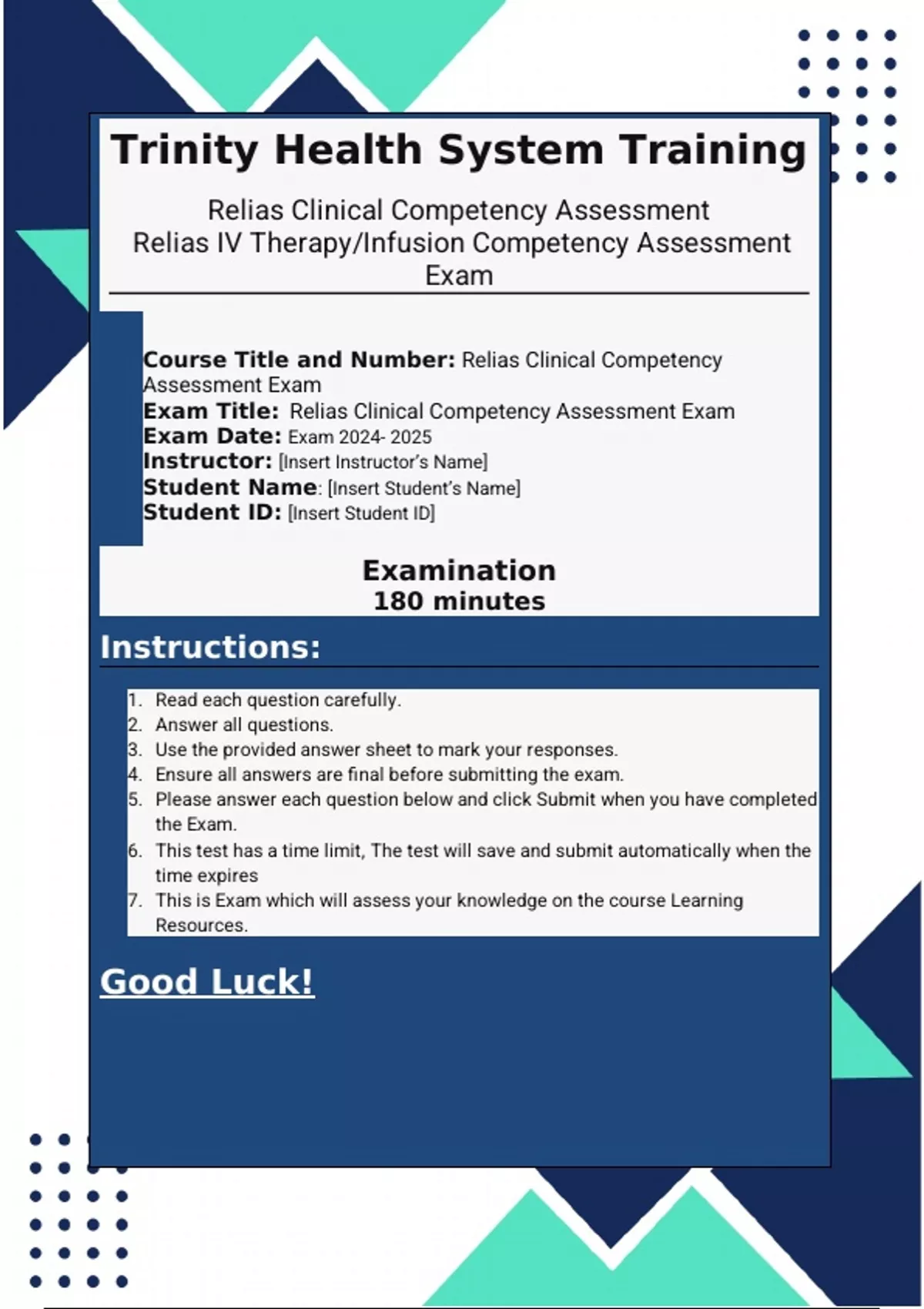 Relias IV Therapy/Infusion Competency Assessment IV Therapy/Infusion ...