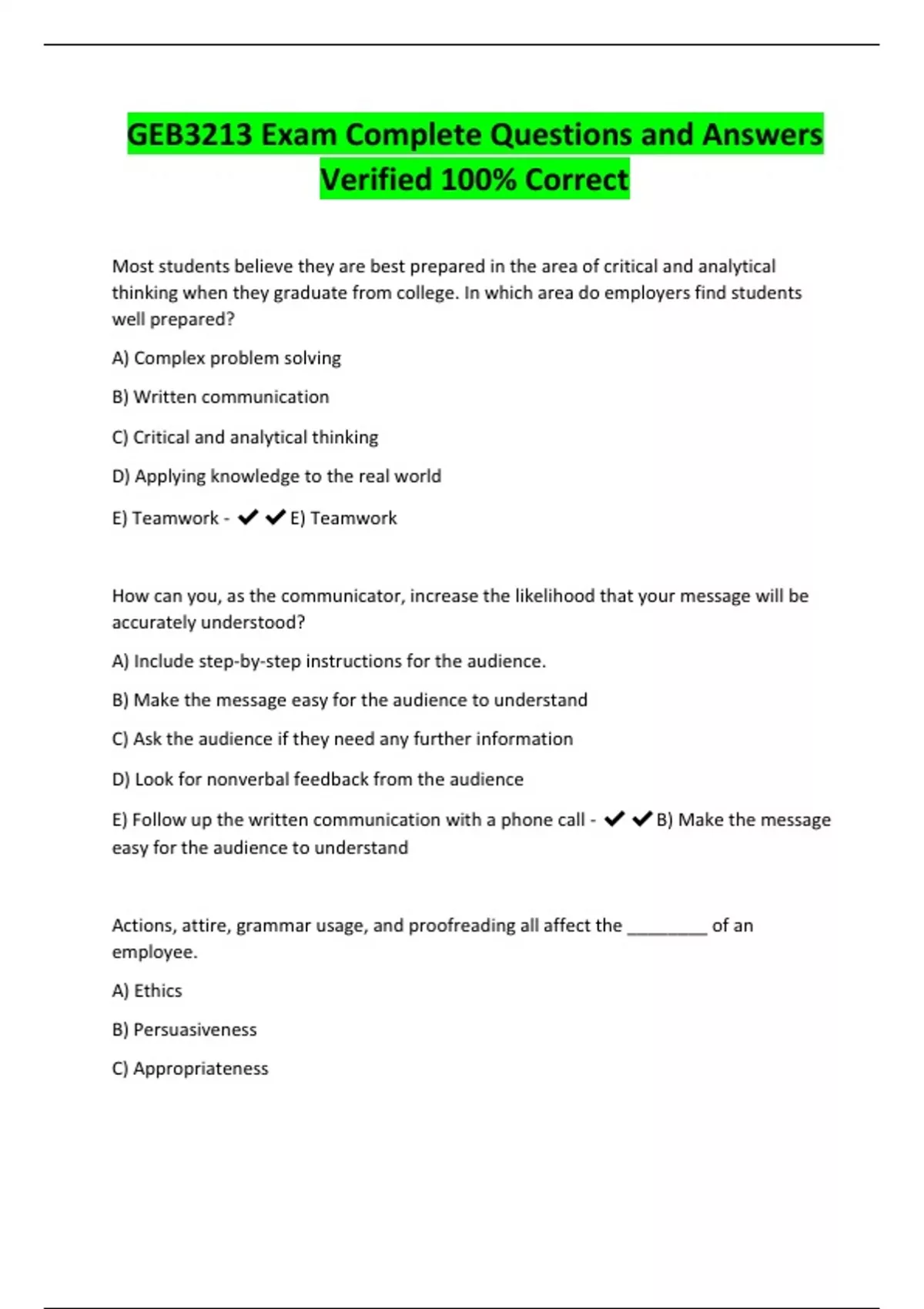 GEB3213 Exam Complete Questions and Answers Verified 100% Correct - GEB ...