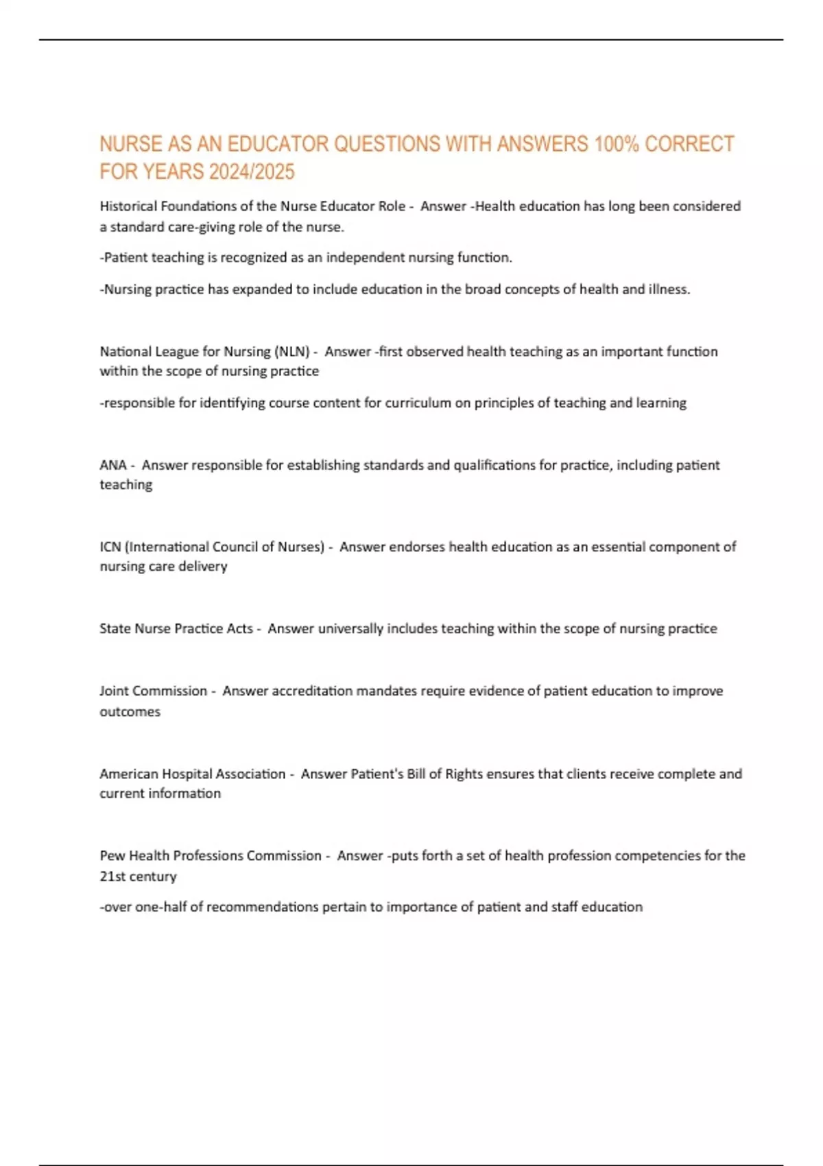 Nurse As An Educator Questions And Answers 100% Correct For Year 2025 ...
