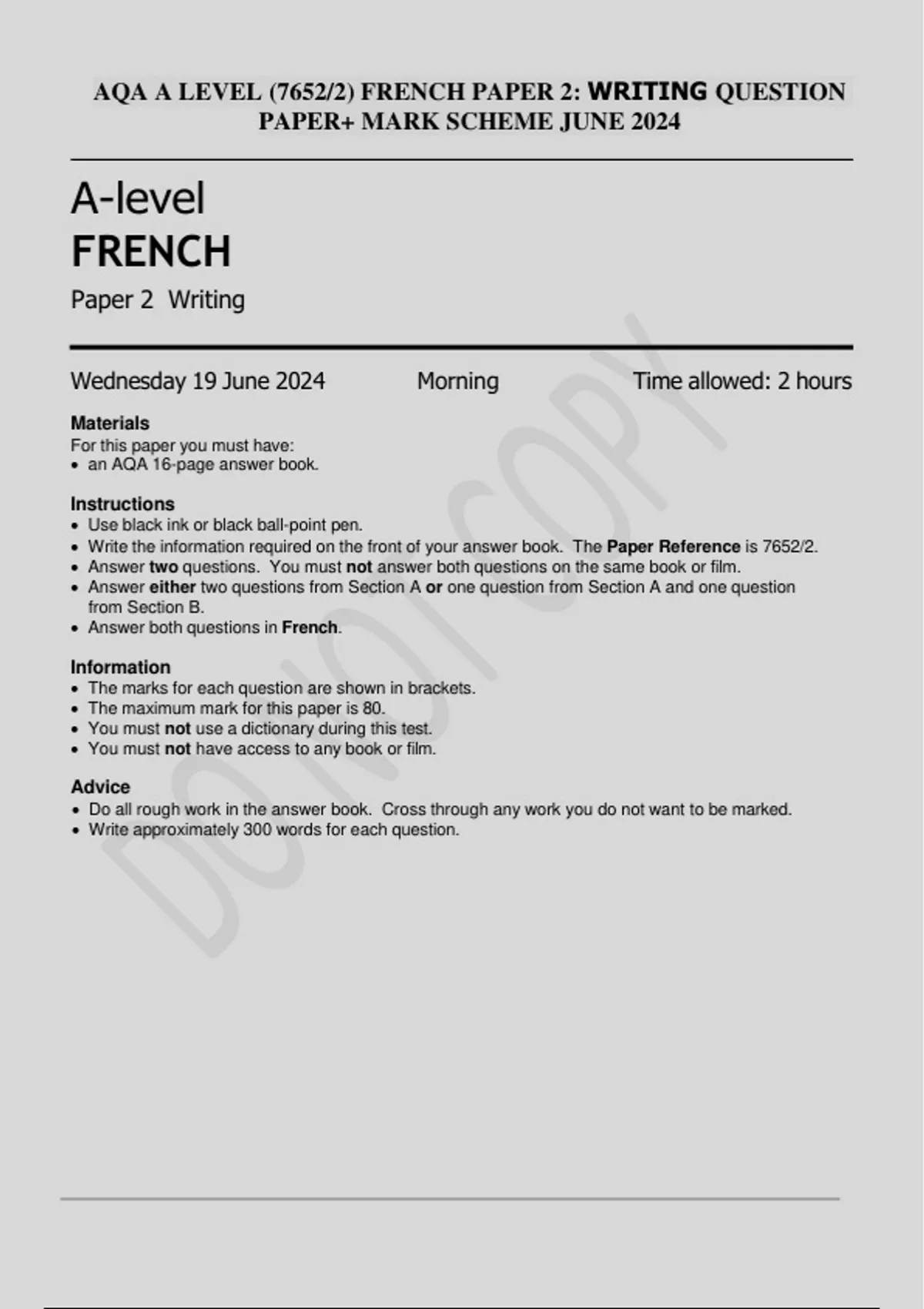 AQA A LEVEL (7652/2) FRENCH PAPER 2: WRITING QUESTION PAPER+ MARK ...