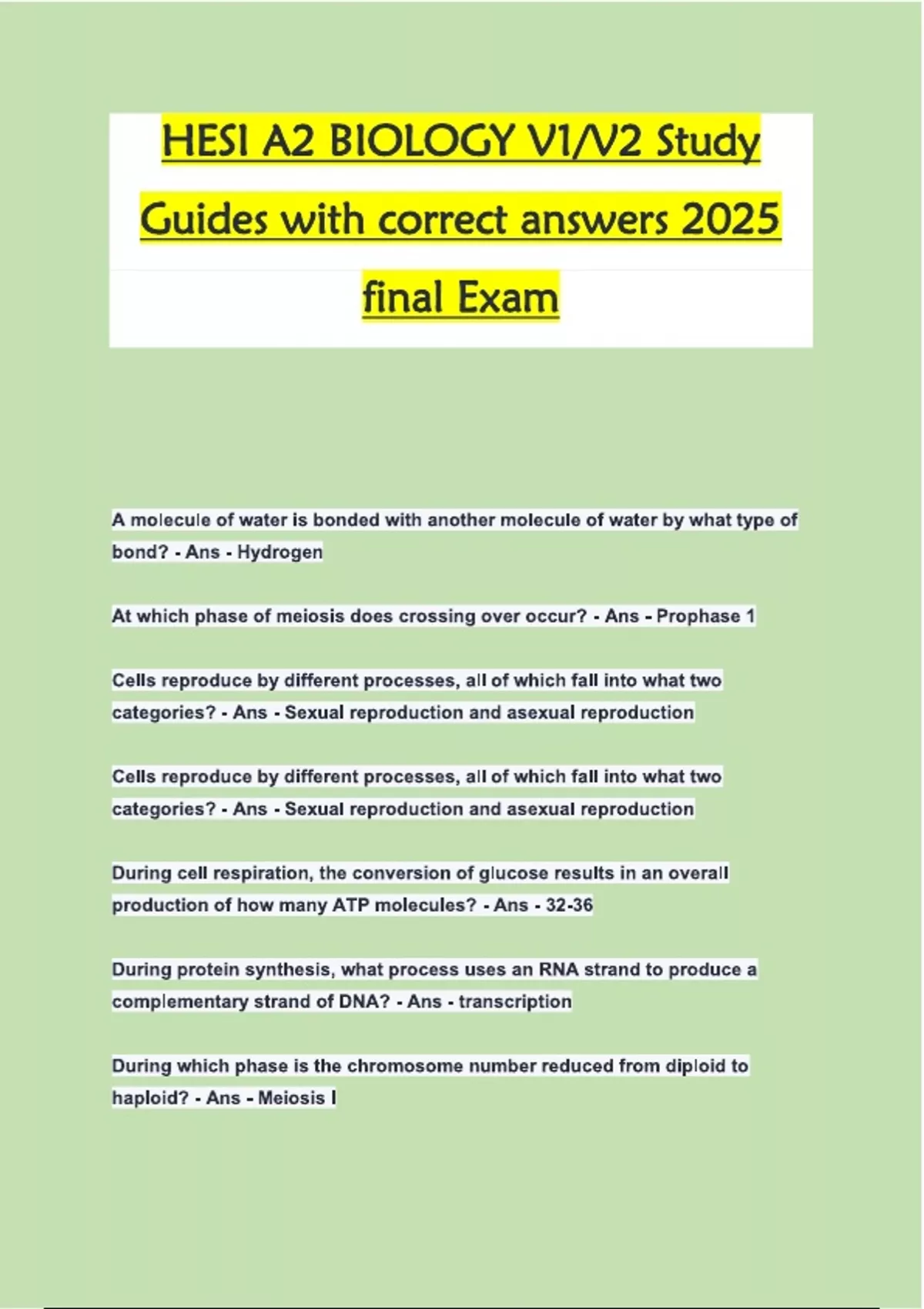 package deal for HESI A2 Biology Practice Test Questions With Multiple ...