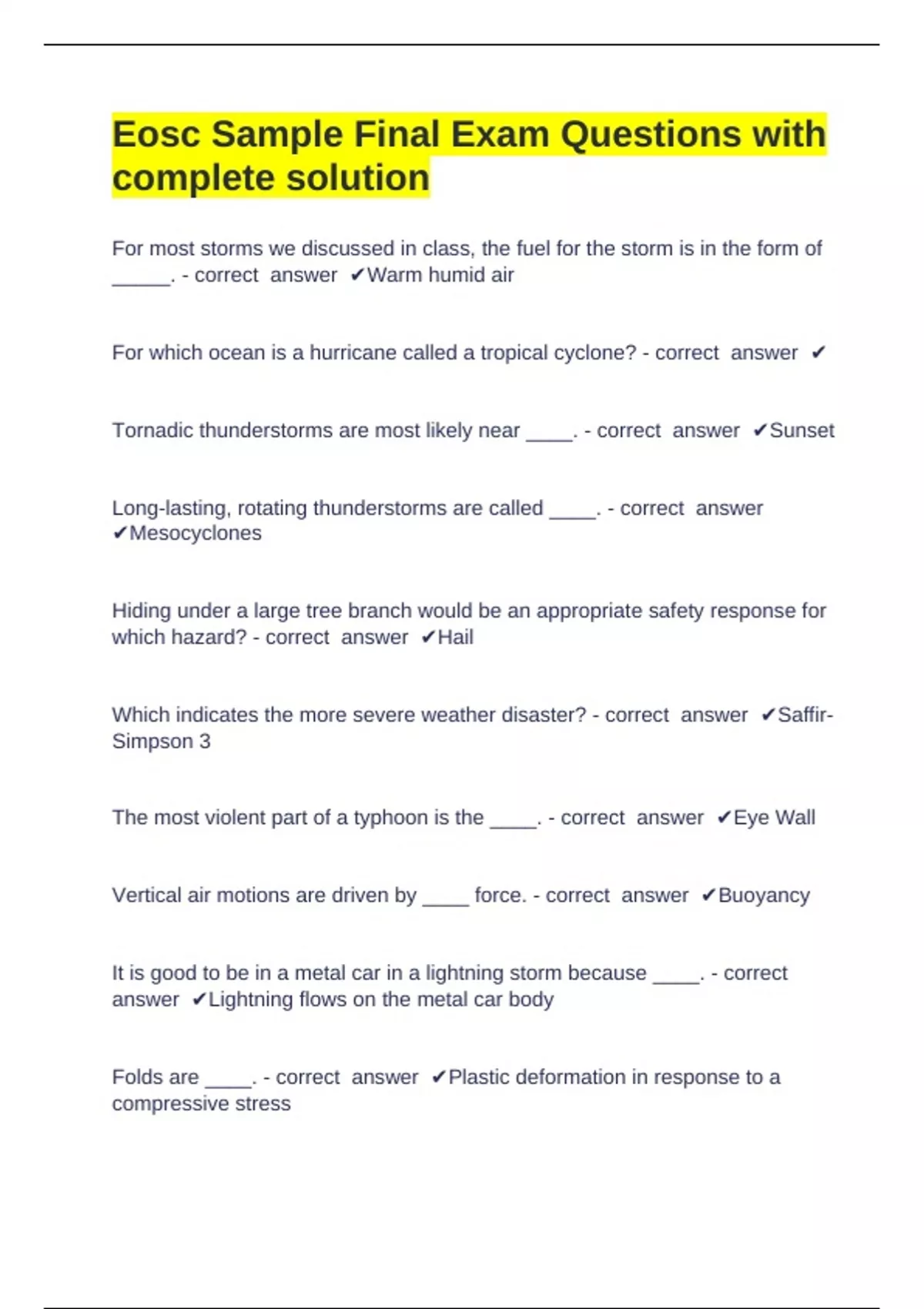 Eosc Sample Final Exam Questions with complete solution - EOSC - Stuvia US