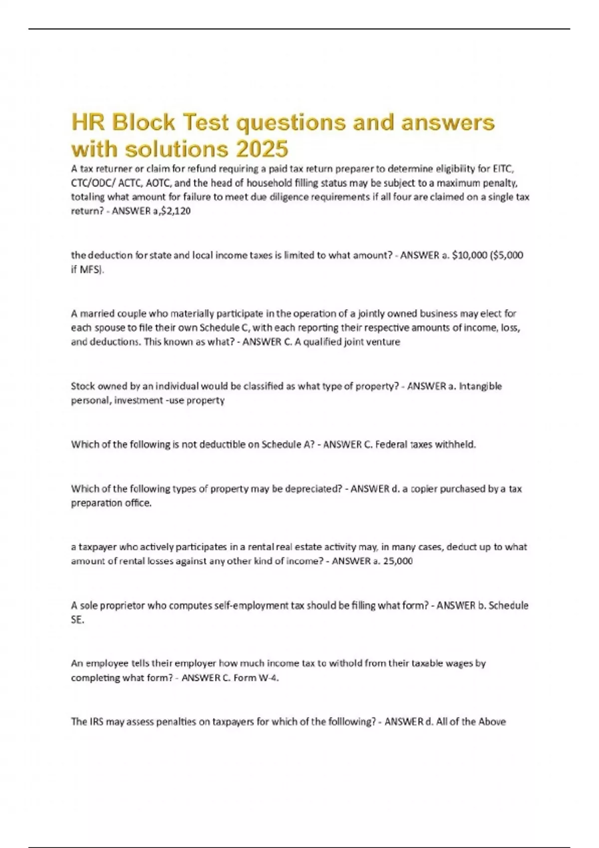 H R Block Interview Guide.pdf HR Block Test questions and answers with solutions 2025 - Hr block ...