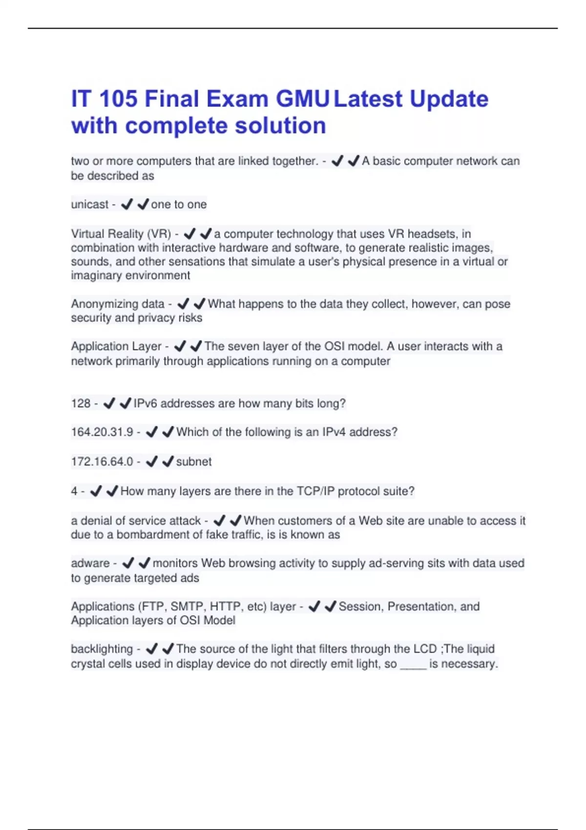 IT 105 Final Exam GMU Latest Update with complete solution - IT 105 GMU ...