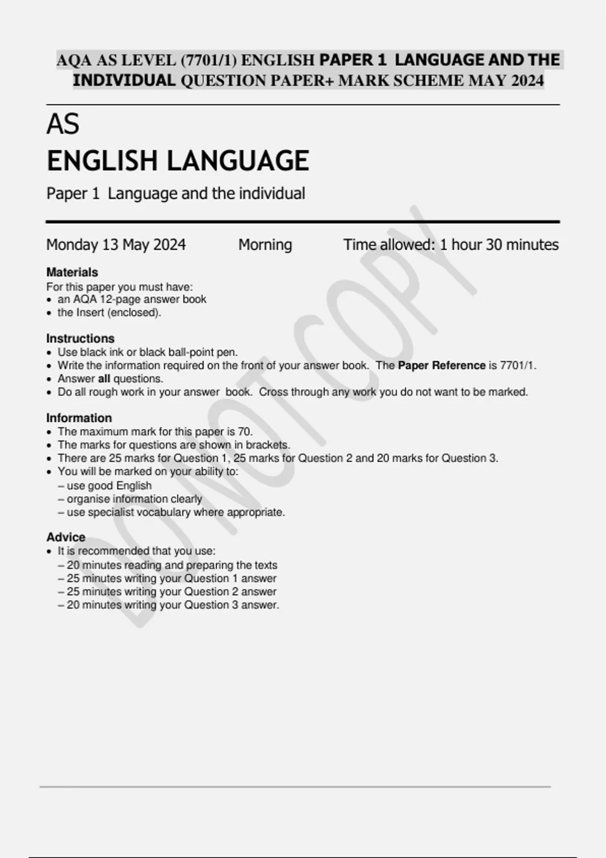 PACKAGE-AQA AS LEVEL (7701) ENGLISH LANGUAGE PAPER 1 & PAPER 2 QUESTION ...