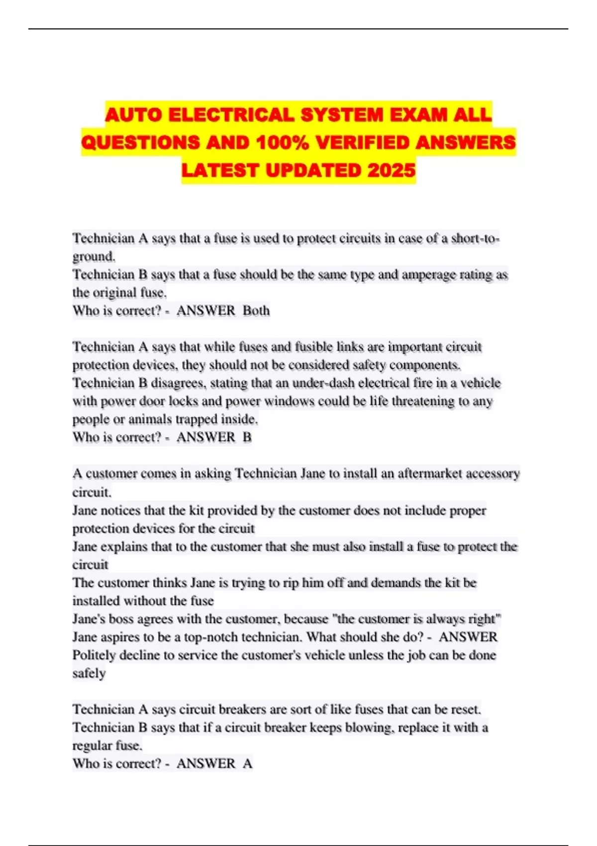AUTO ELECTRICAL SYSTEM EXAM ALL QUESTIONS AND 100% VERIFIED ANSWERS ...