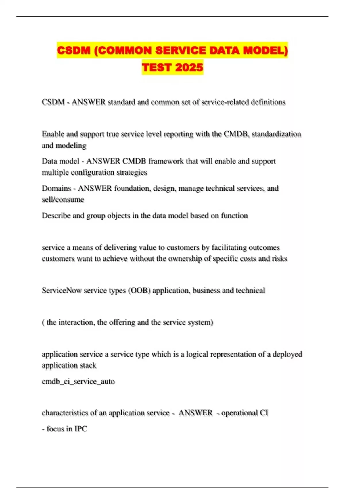 CSDM (COMMON SERVICE DATA MODEL) TEST 2025 - CSDM - Stuvia US