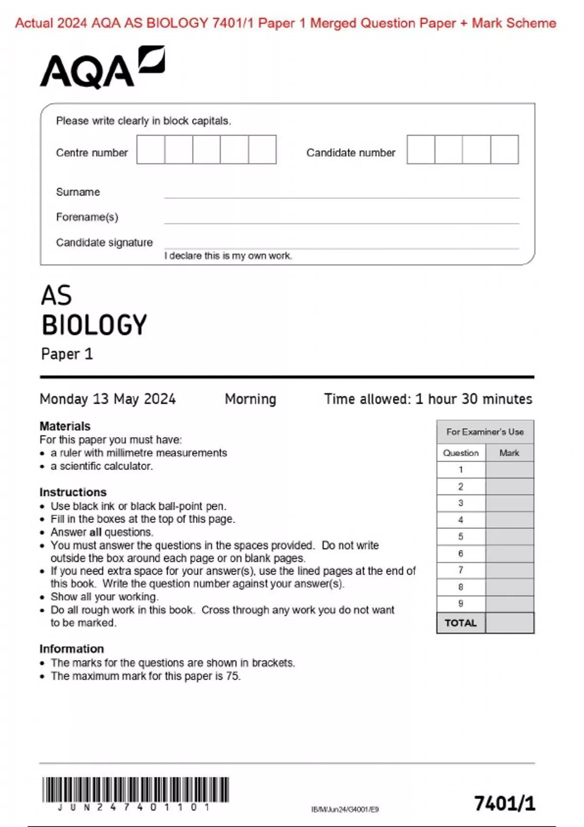 Actual 2024 AQA AS BIOLOGY 7401/1 Paper 1 Merged Question Paper + Mark ...