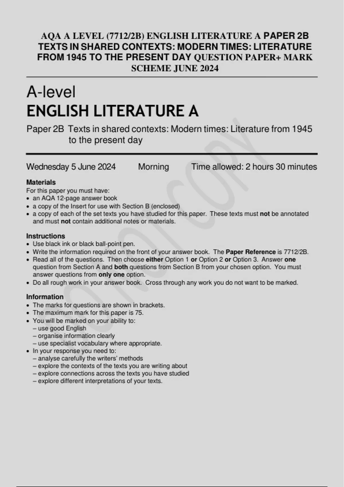 AQA A LEVEL (7712/2B) ENGLISH LITERATURE A PAPER 2B TEXTS IN SHARED ...