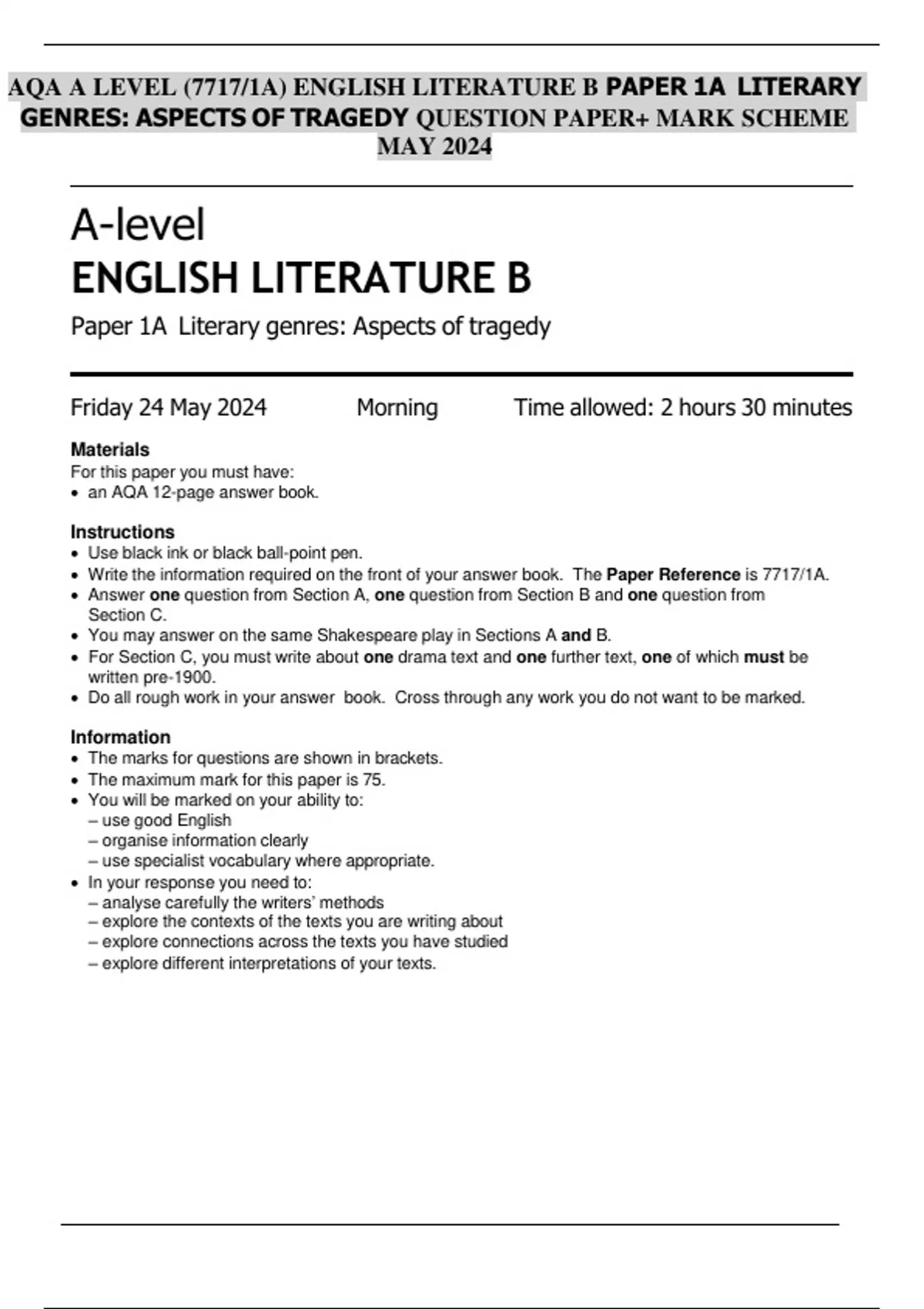 AQA A LEVEL (7717/1A) ENGLISH LITERATURE B PAPER 1A LITERARY GENRES ...