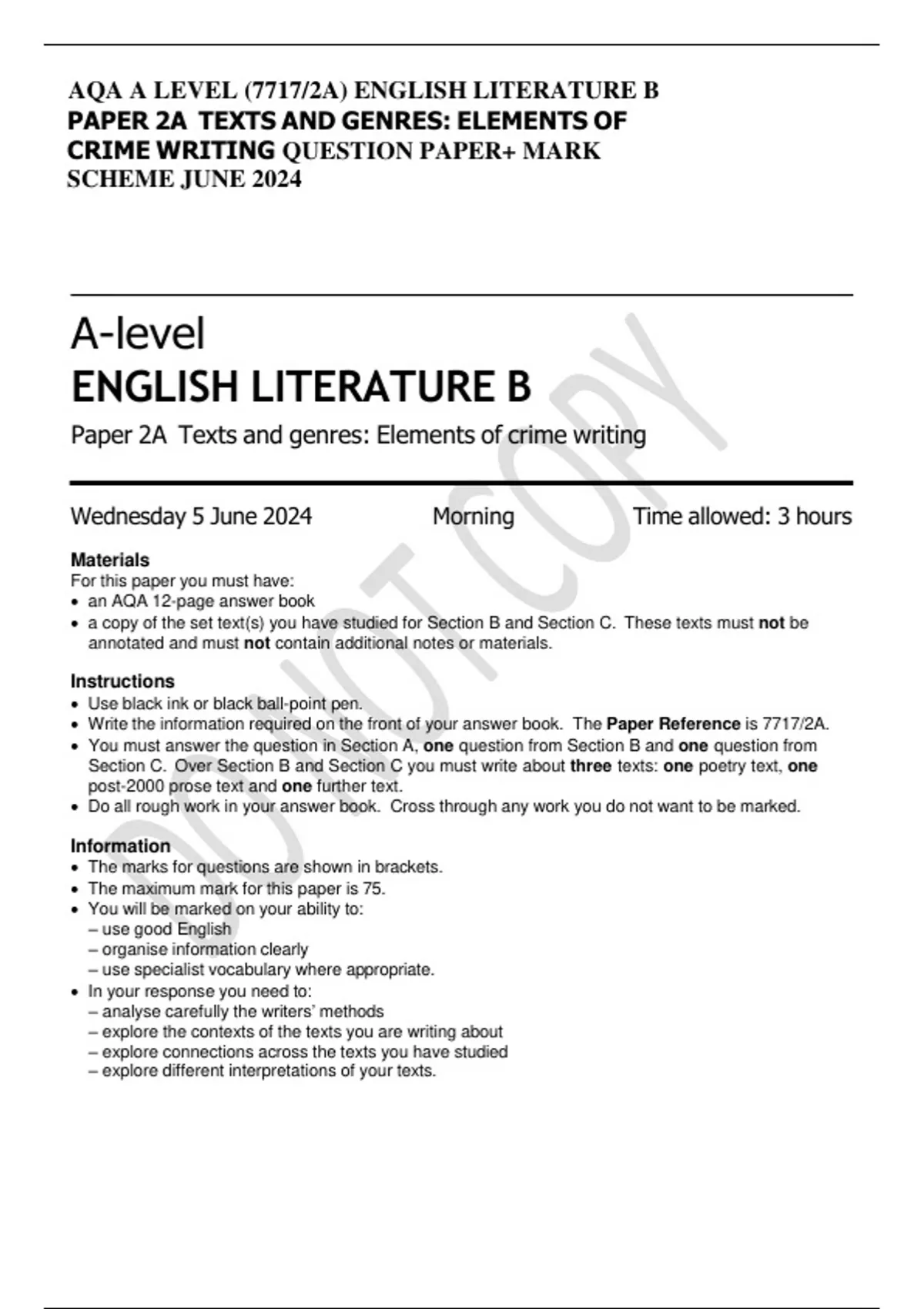 AQA A LEVEL (7717/2A) ENGLISH LITERATURE B PAPER 2A TEXTS AND GENRES ...