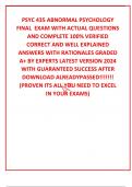 PSYC 435 ABNORMAL PSYCHOLOGY FINAL  EXAM WITH ACTUAL QUESTIONS AND COMPLETE 100&percnt; VERIFIED CORRECT AND WELL EXPLAINED ANSWERS WITH RATIONALES GRADED A&plus; BY EXPERTS LATEST VERSION 2024 WITH GUARANTEED SUCCESS AFTER DOWNLOAD ALREADYPASSED&excl;&excl;&excl;&excl;&excl;&excl;&excl; &lpar;PROVEN ITS A