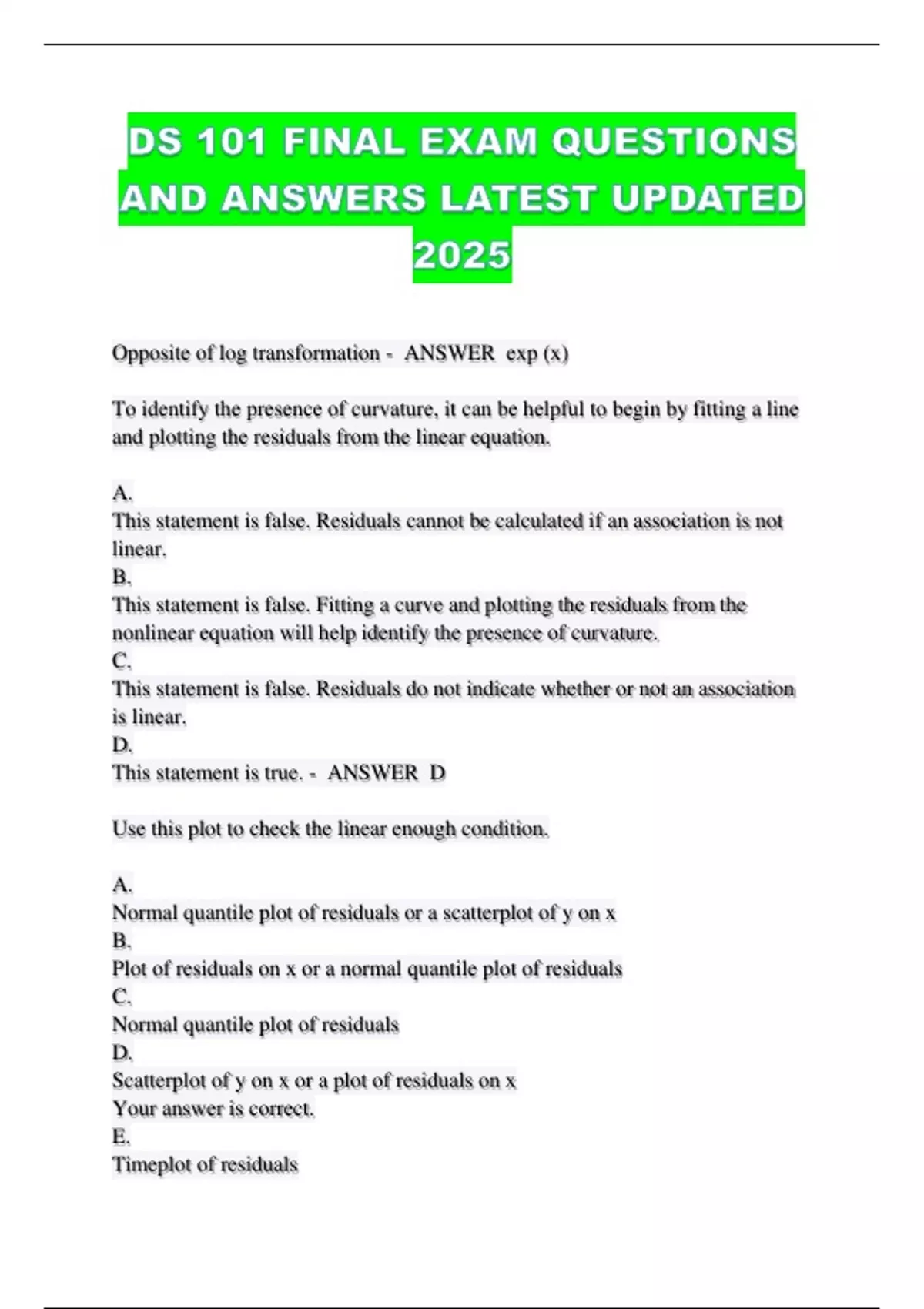 DS 101 FINAL EXAM QUESTIONS AND ANSWERS LATEST UPDATED 2025 - DS 101 ...