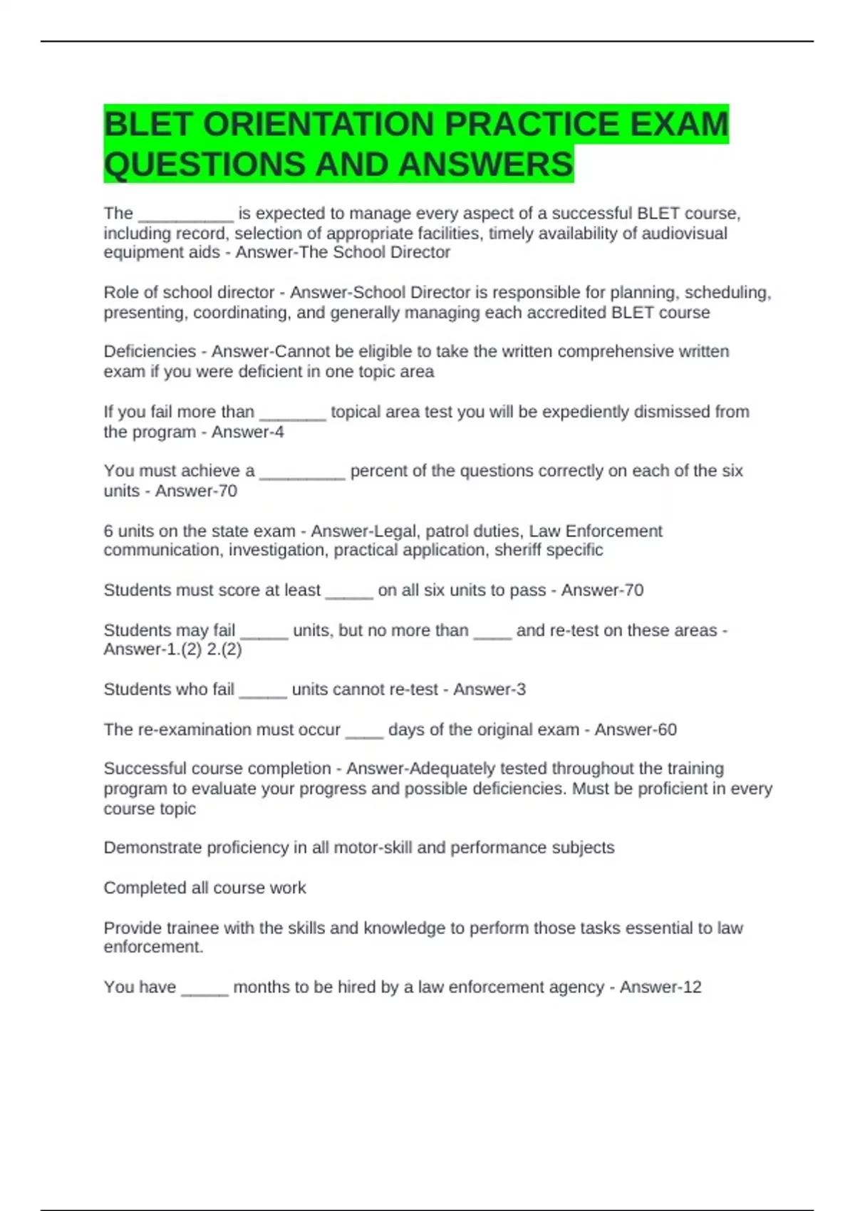 BLET ORIENTATION PRACTICE EXAM QUESTIONS AND ANSWERS - NC BLET - Stuvia US