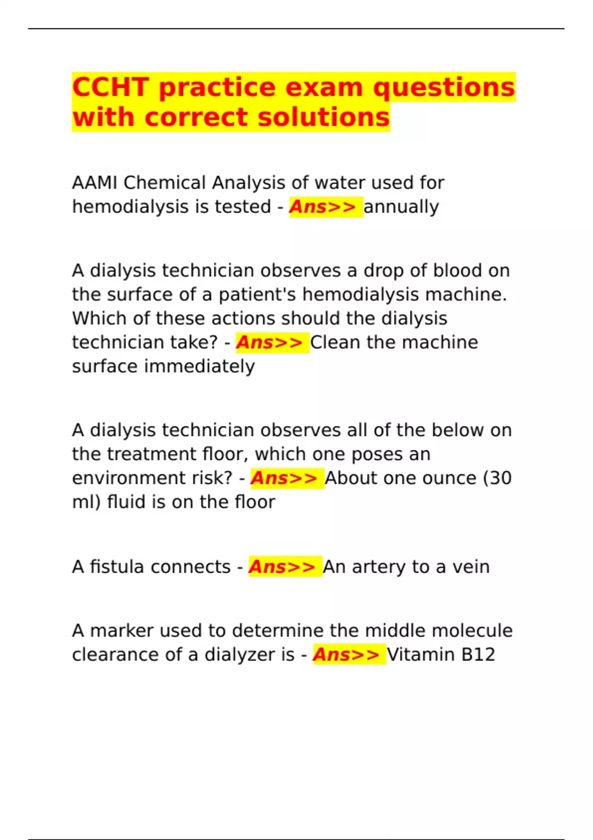 CCHT practice exam questions with correct solutions AAMI Chemical ...