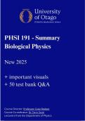 Summary PHSI191 Biological Physics University of Otago &plus; 50 common test bank questions and answers - NEW 2025
