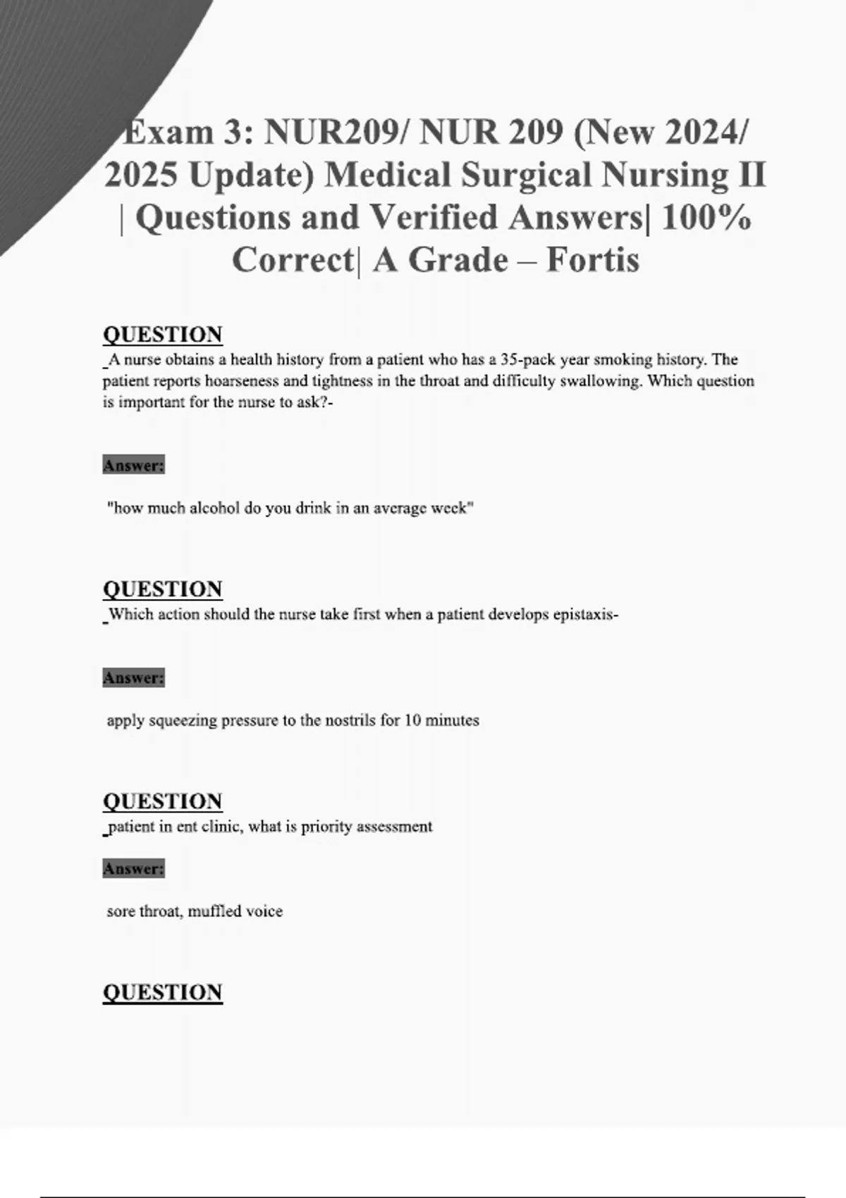 Exam 3 NUR209/ NUR 209 (;) Medical Surgical Nursing II Questions with ...